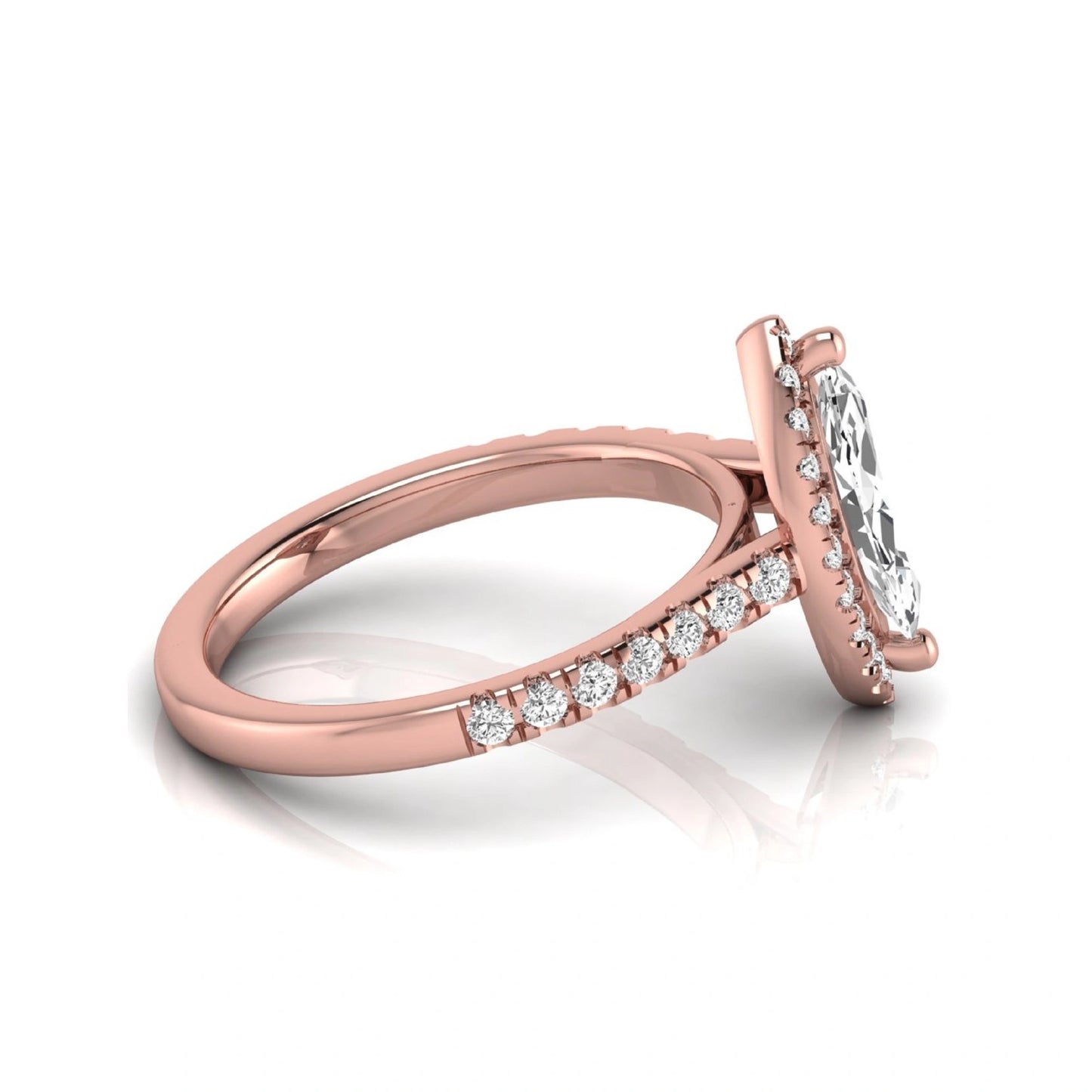 Marquise cut lab grown diamond engagement ring featuring a round diamond halo, pavé diamond band, and classic prong setting with a polished rose gold tone band.