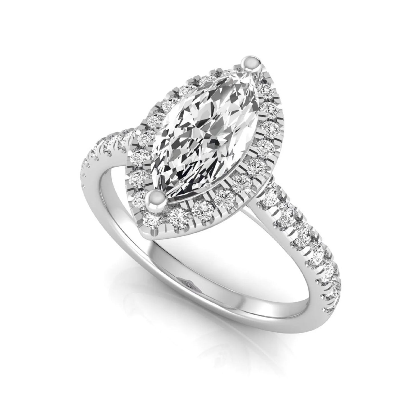 Marquise cut lab grown diamond engagement ring featuring a round diamond halo, pavé diamond band, and classic prong setting with a polished white gold tone band.