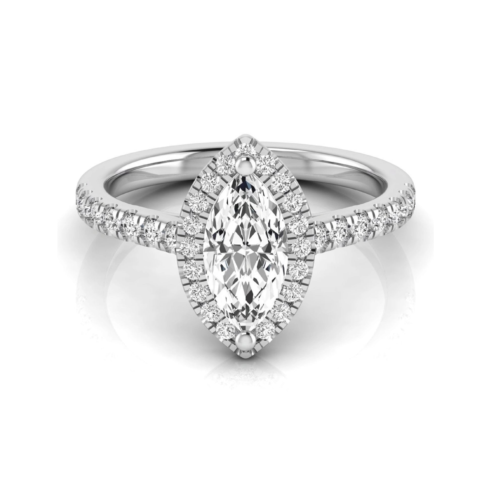 Marquise cut lab grown diamond engagement ring featuring a round diamond halo, pavé diamond band, and classic prong setting with a polished white gold tone band.