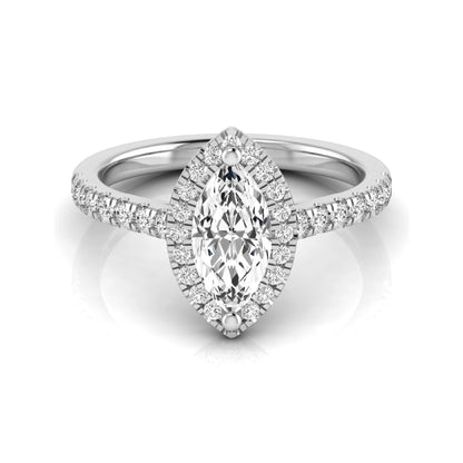Marquise cut lab grown diamond engagement ring featuring a round diamond halo, pavé diamond band, and classic prong setting with a polished white gold tone band.
