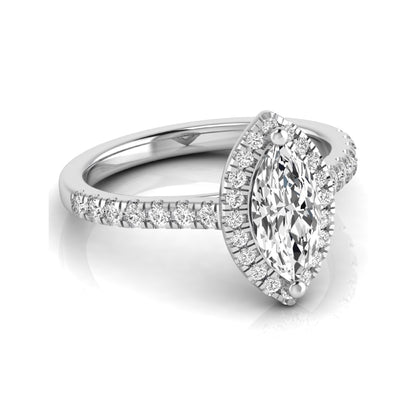 Marquise cut lab grown diamond engagement ring featuring a round diamond halo, pavé diamond band, and classic prong setting with a polished white gold tone band.