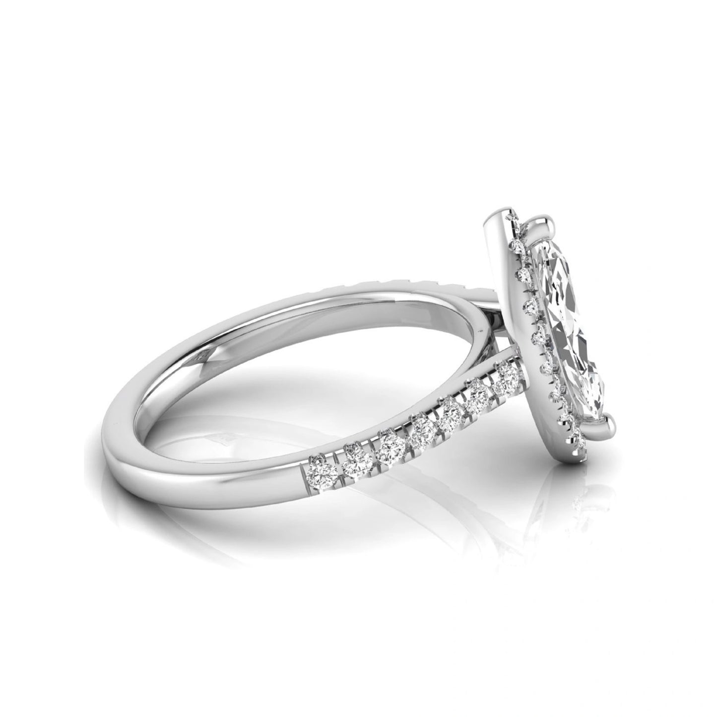 Marquise cut lab grown diamond engagement ring featuring a round diamond halo, pavé diamond band, and classic prong setting with a polished white gold tone band.