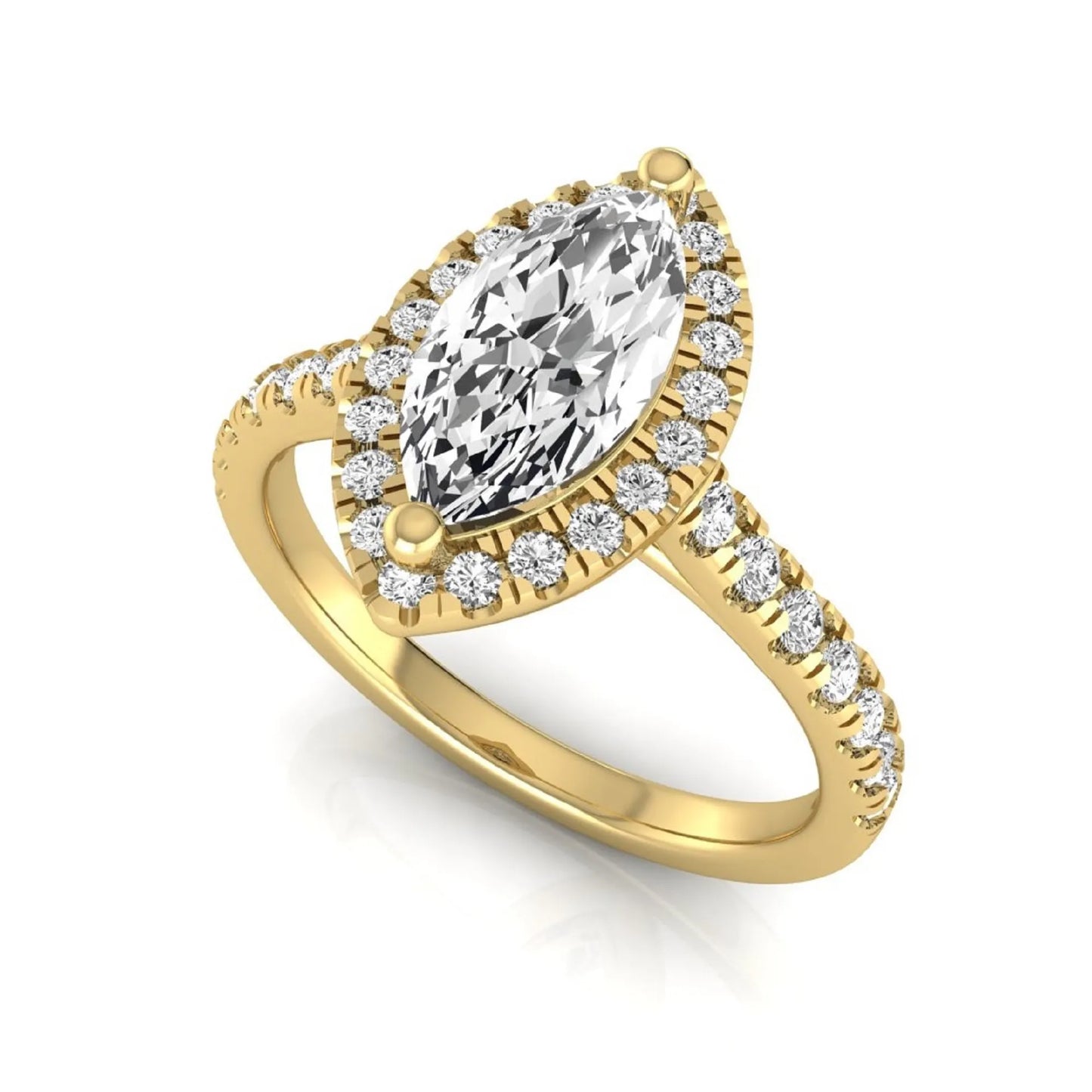 Marquise cut lab grown diamond engagement ring featuring a round diamond halo, pavé diamond band, and classic prong setting with a polished yellow gold tone band.