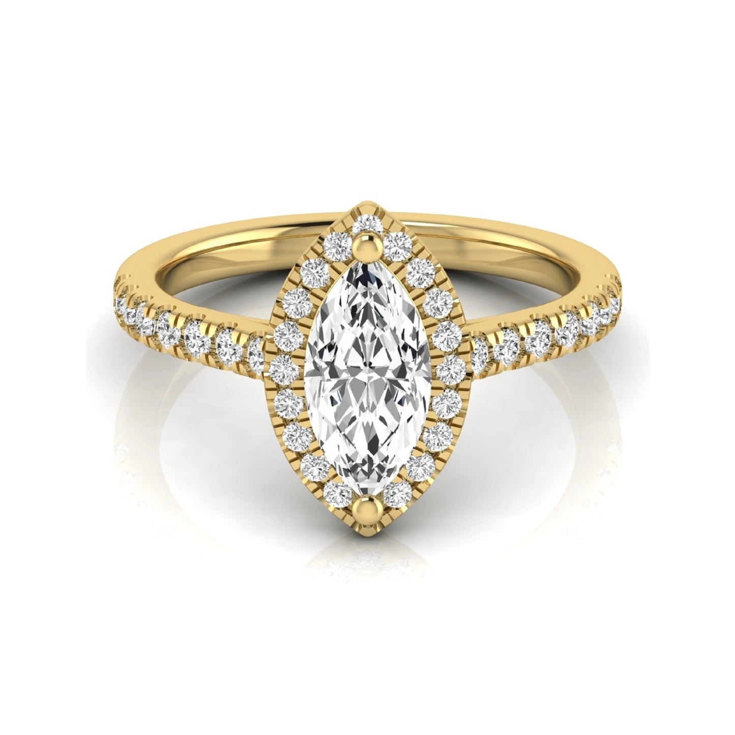 Marquise cut lab grown diamond engagement ring featuring a round diamond halo, pavé diamond band, and classic prong setting with a polished yellow gold tone band.