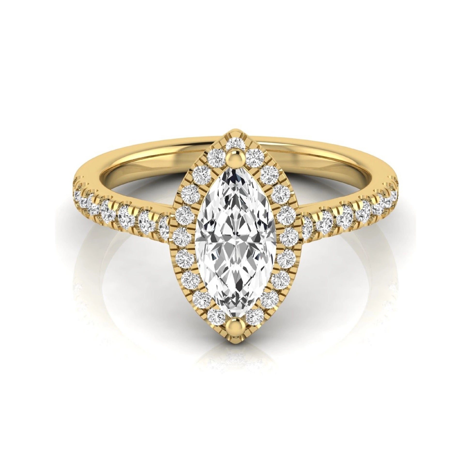 Marquise cut lab grown diamond engagement ring featuring a round diamond halo, pavé diamond band, and classic prong setting with a polished yellow gold tone band.