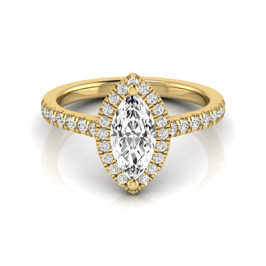 Marquise cut lab grown diamond engagement ring featuring a round diamond halo, pavé diamond band, and classic prong setting with a polished yellow gold tone band.