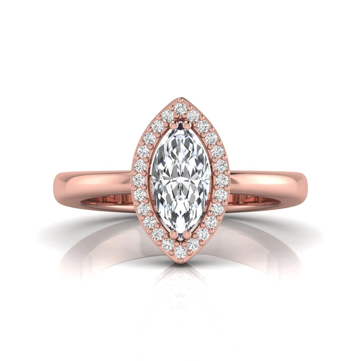 Marquise halo lab grown diamond engagement ring featuring a marquise cut center diamond surrounded by a round diamond halo in Rose gold.