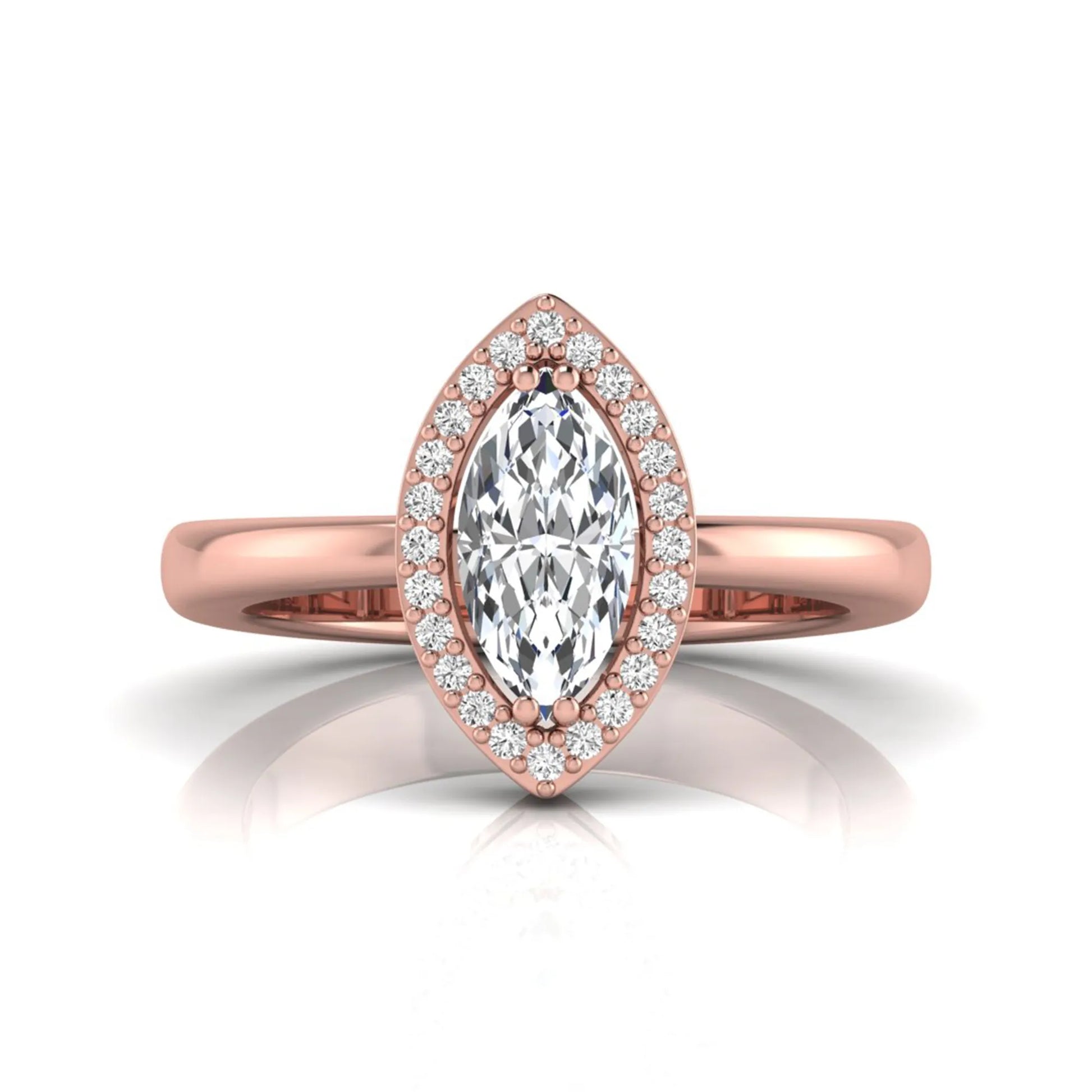 Marquise halo lab grown diamond engagement ring featuring a marquise cut center diamond surrounded by a round diamond halo in Rose gold.