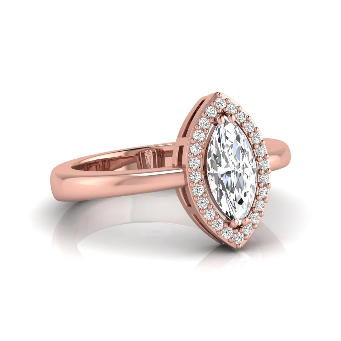 Marquise halo lab grown diamond engagement ring featuring a marquise cut center diamond surrounded by a round diamond halo in Rose gold.