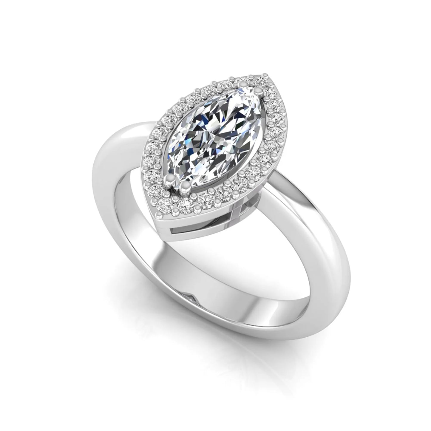 Marquise halo lab grown diamond engagement ring featuring a marquise cut center diamond surrounded by a round diamond halo in White gold.