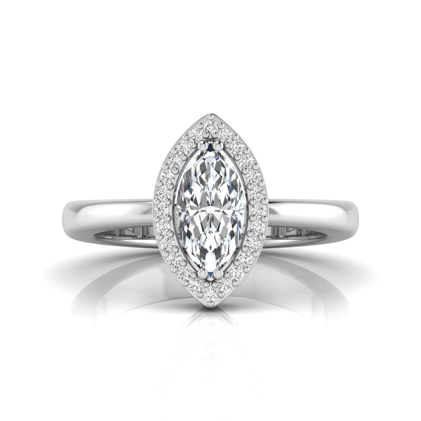 Marquise halo lab grown diamond engagement ring featuring a marquise cut center diamond surrounded by a round diamond halo in White gold.
