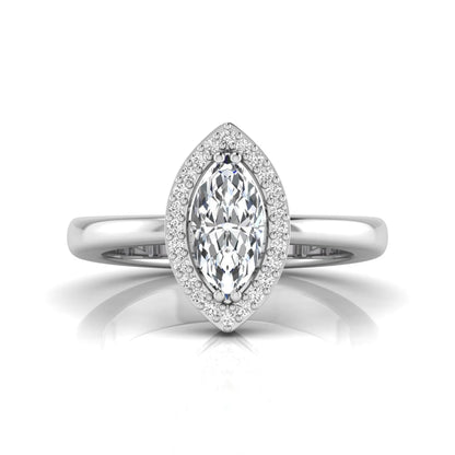 Marquise halo lab grown diamond engagement ring featuring a marquise cut center diamond surrounded by a round diamond halo in White gold.