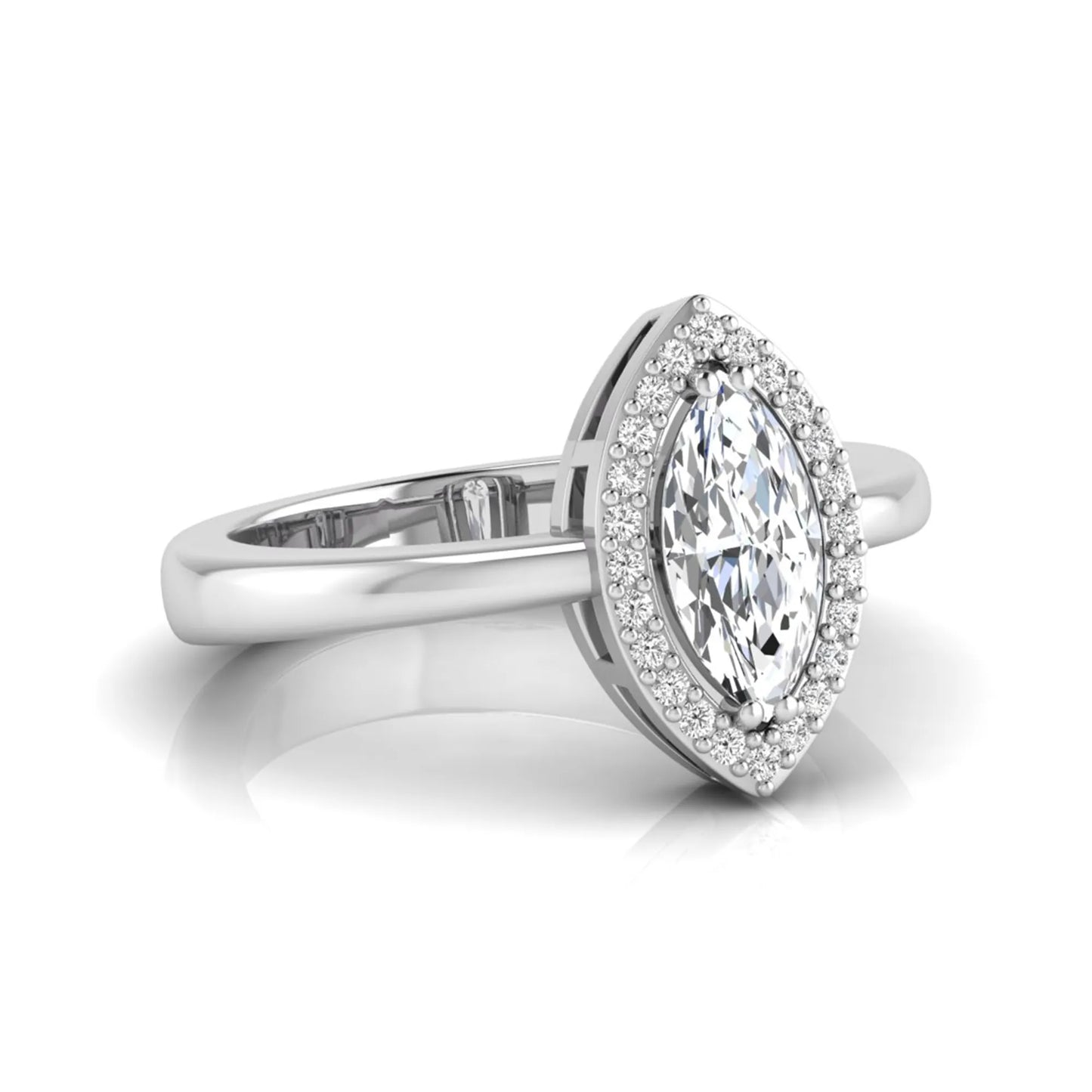 Marquise halo lab grown diamond engagement ring featuring a marquise cut center diamond surrounded by a round diamond halo in White gold.