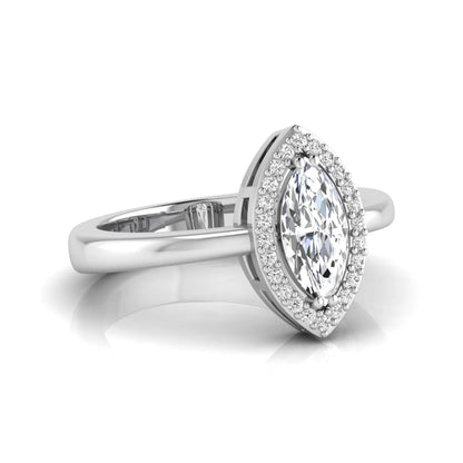 Marquise halo lab grown diamond engagement ring featuring a marquise cut center diamond surrounded by a round diamond halo in White gold.