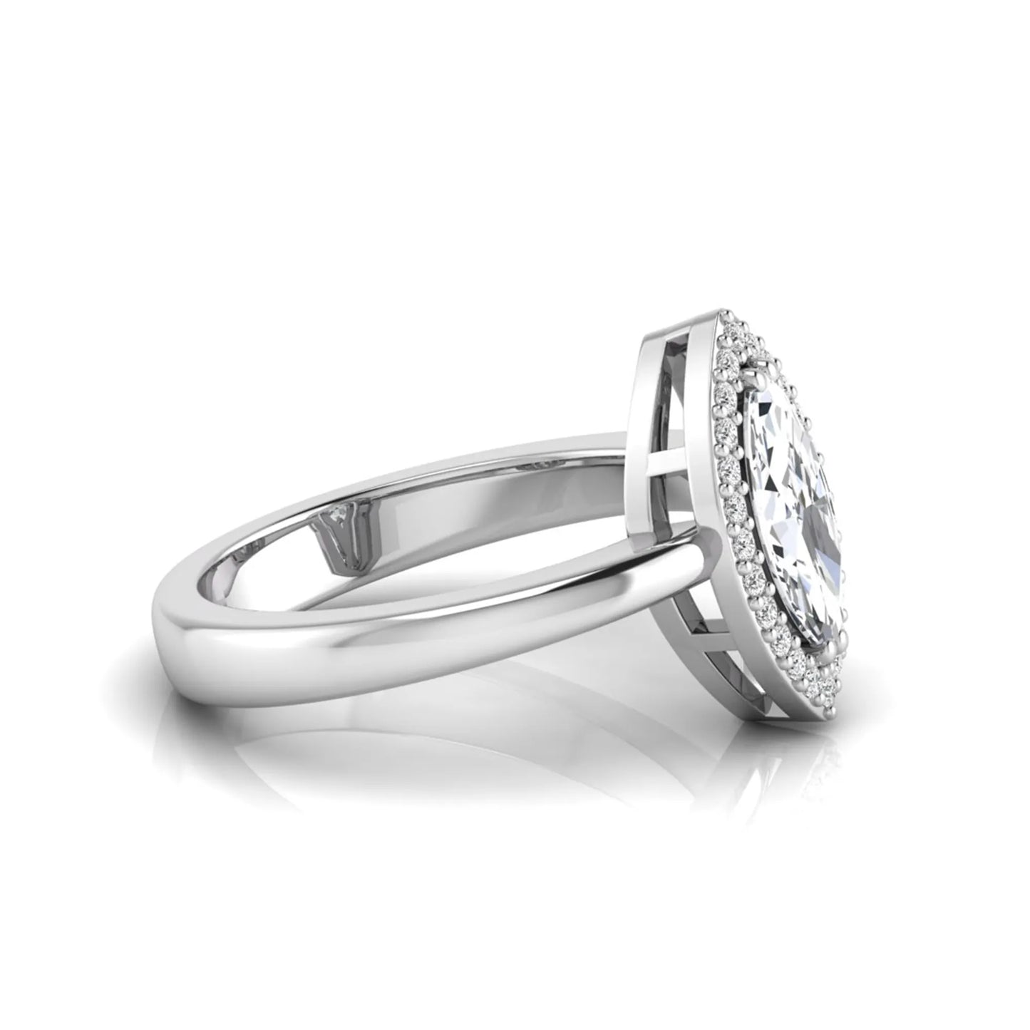 Marquise halo lab grown diamond engagement ring featuring a marquise cut center diamond surrounded by a round diamond halo in White gold.