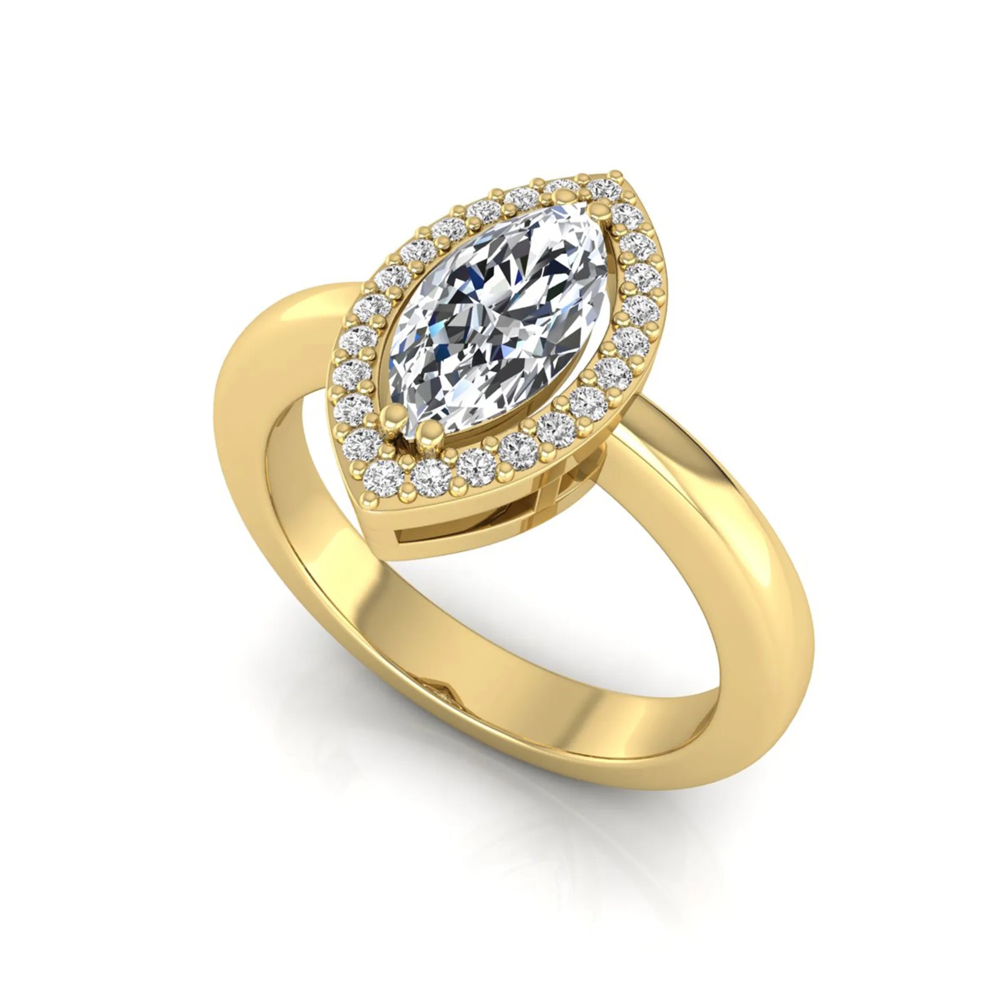 Marquise halo lab grown diamond engagement ring featuring a marquise cut center diamond surrounded by a round diamond halo in yellow gold.