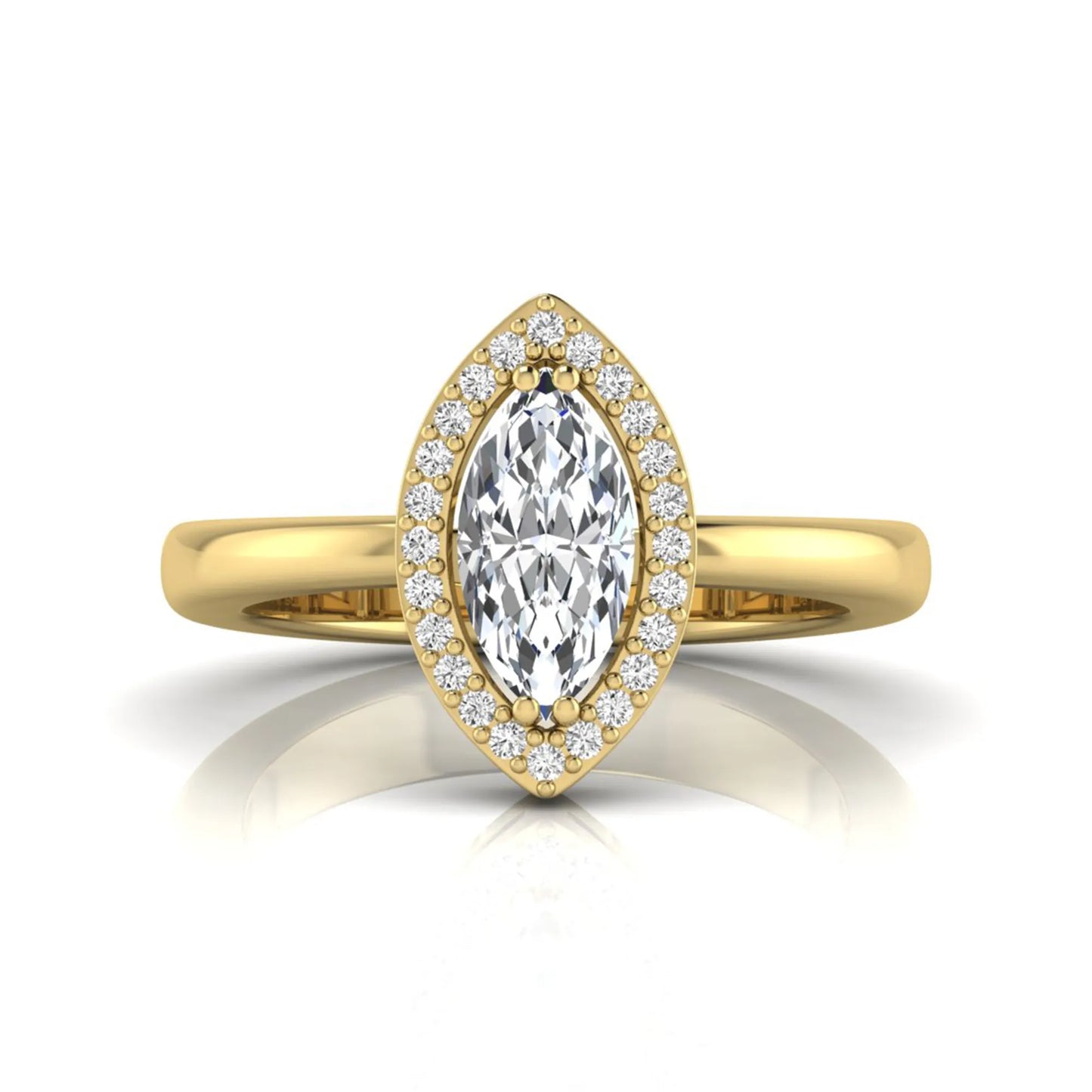 Marquise halo lab grown diamond engagement ring featuring a marquise cut center diamond surrounded by a round diamond halo in yellow gold.