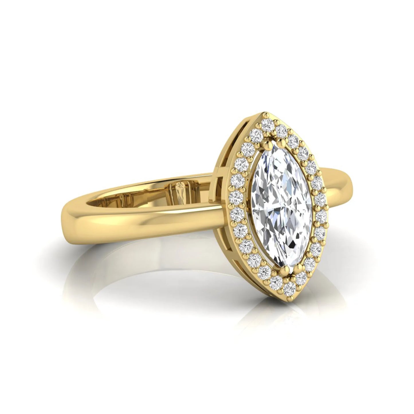 Marquise halo lab grown diamond engagement ring featuring a marquise cut center diamond surrounded by a round diamond halo in yellow gold.