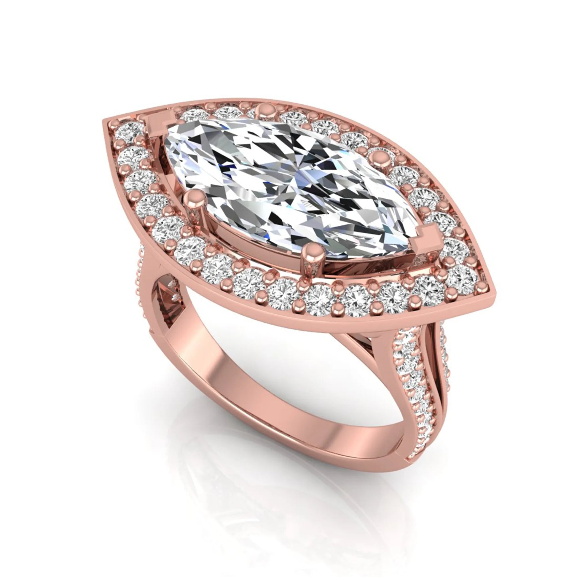 Rose-gold ring with a large diamond and smaller diamonds on a white background