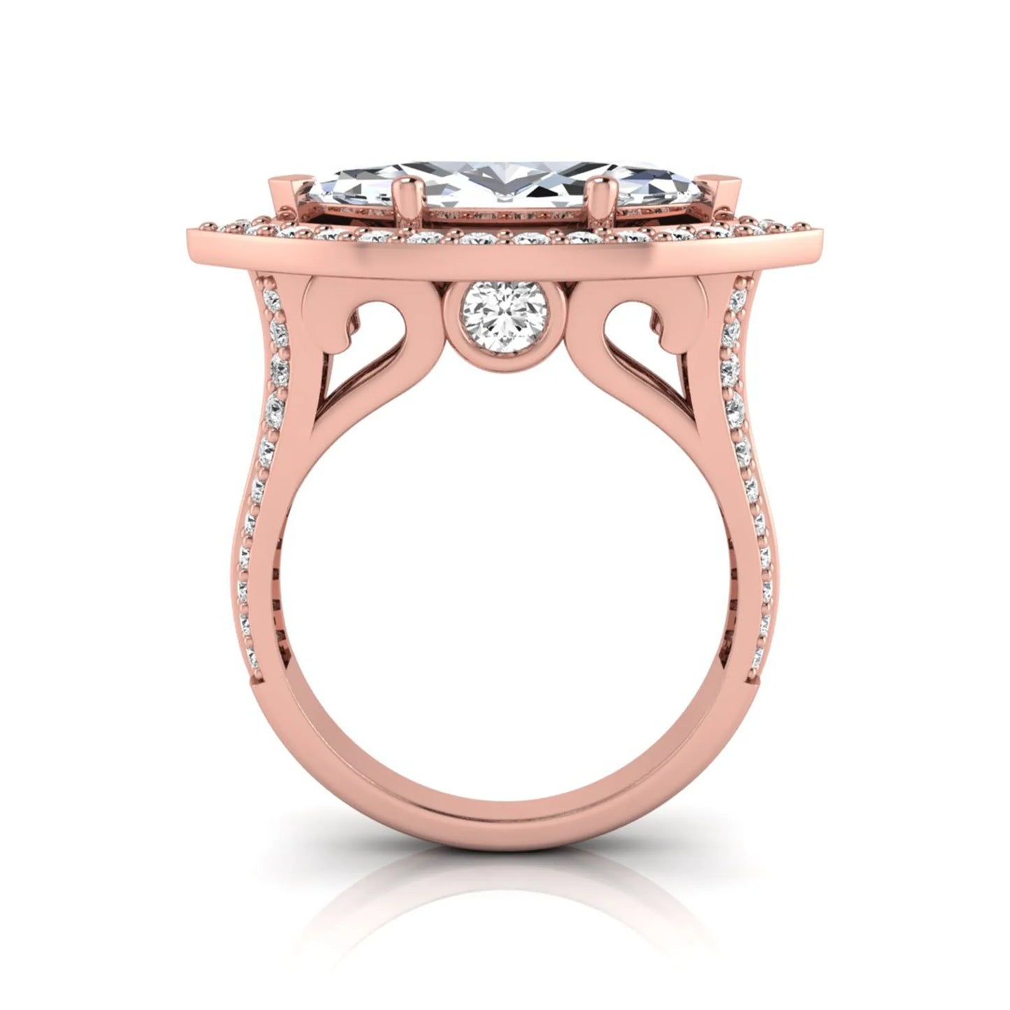 Rose-gold ring with diamond accents on a white background