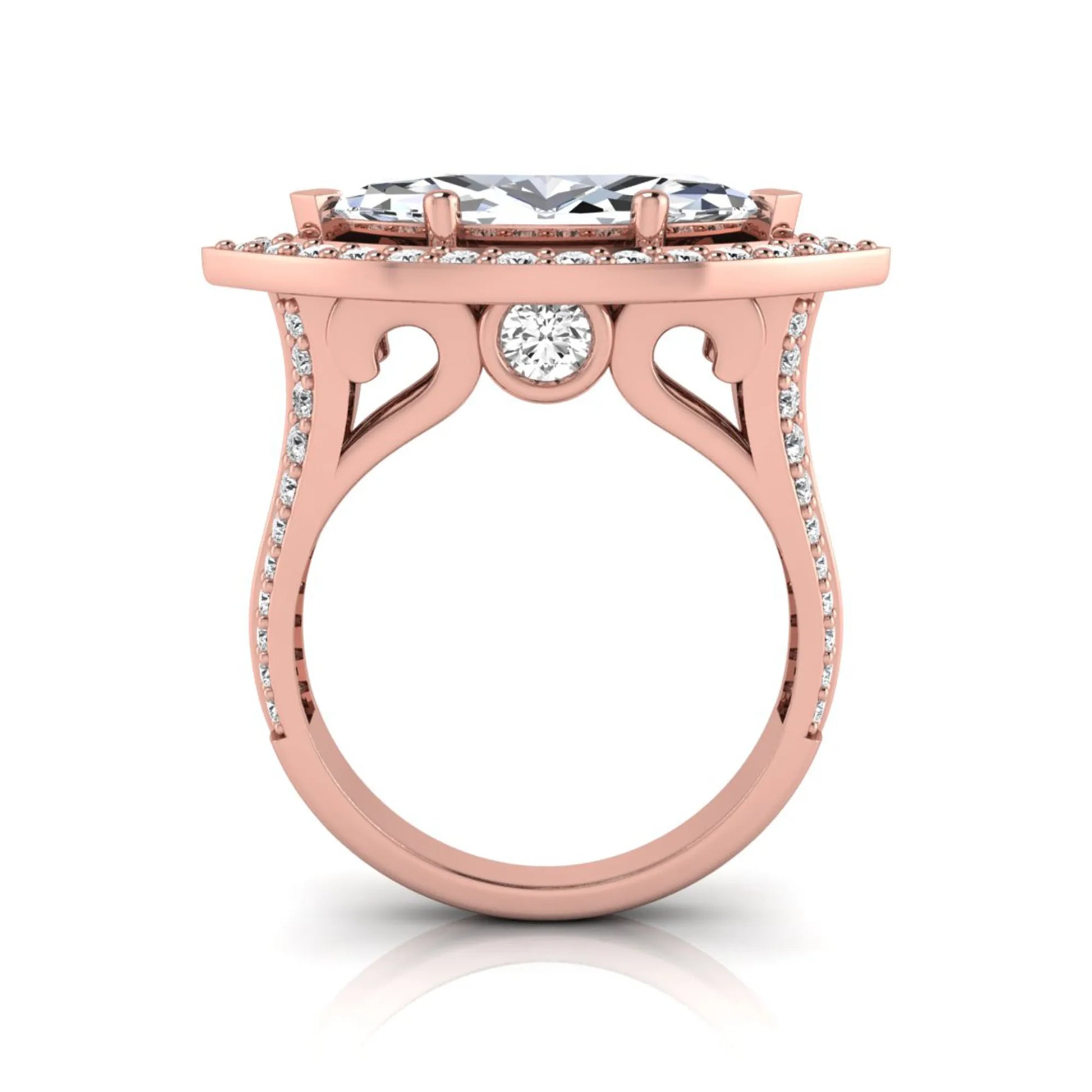 Rose-gold ring with diamond accents on a white background