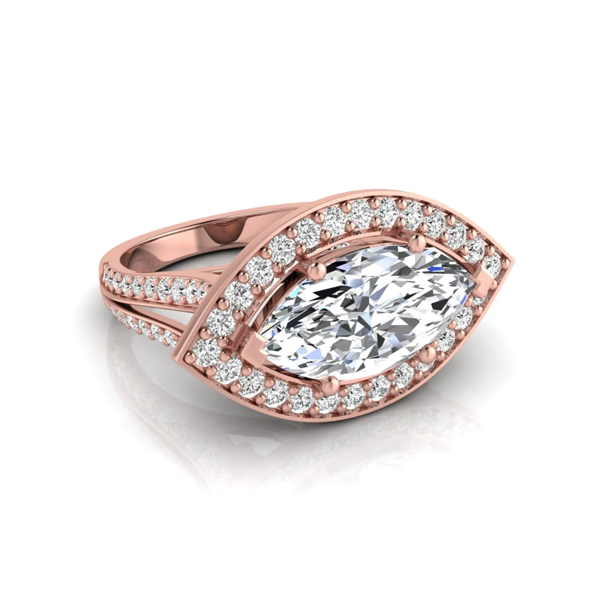 Rose-gold ring with a large diamond and smaller diamonds on a white background