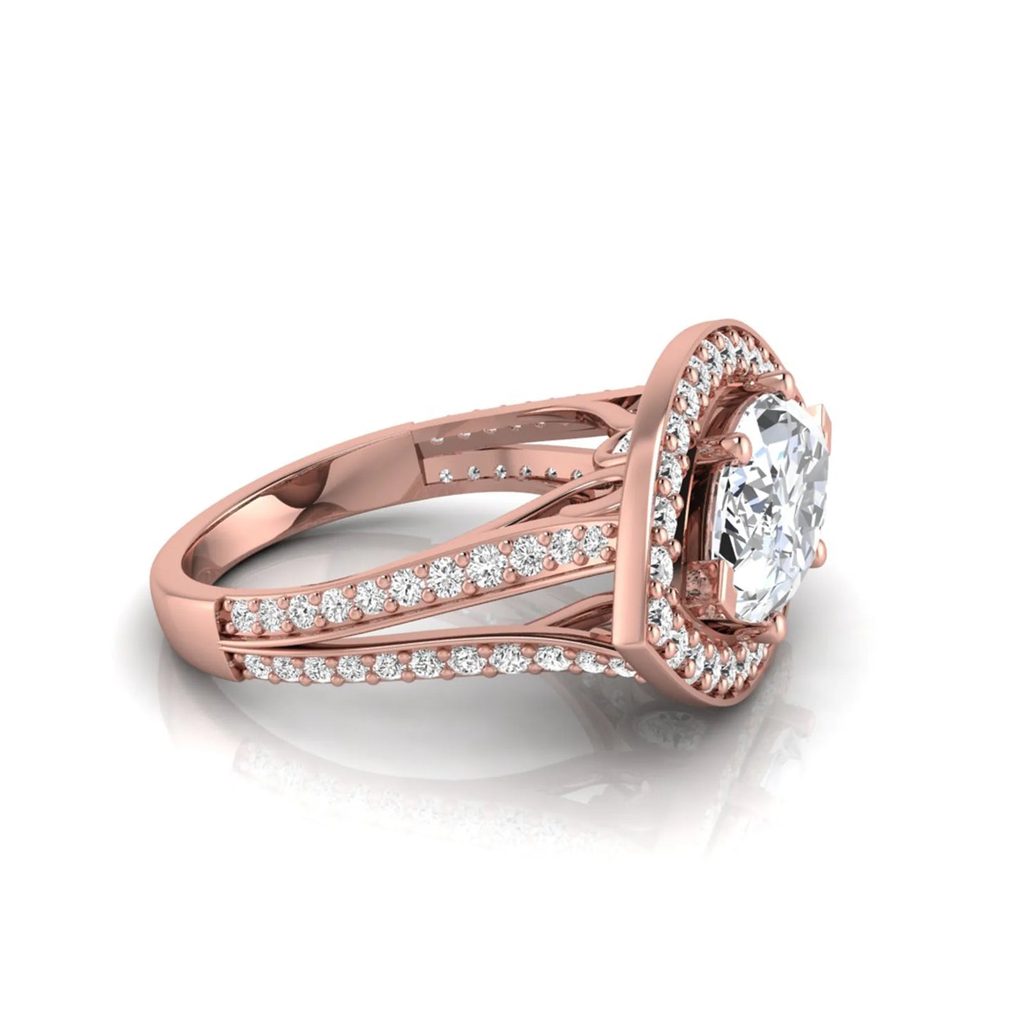 Rose-gold ring with a large diamond and smaller diamonds on a white background