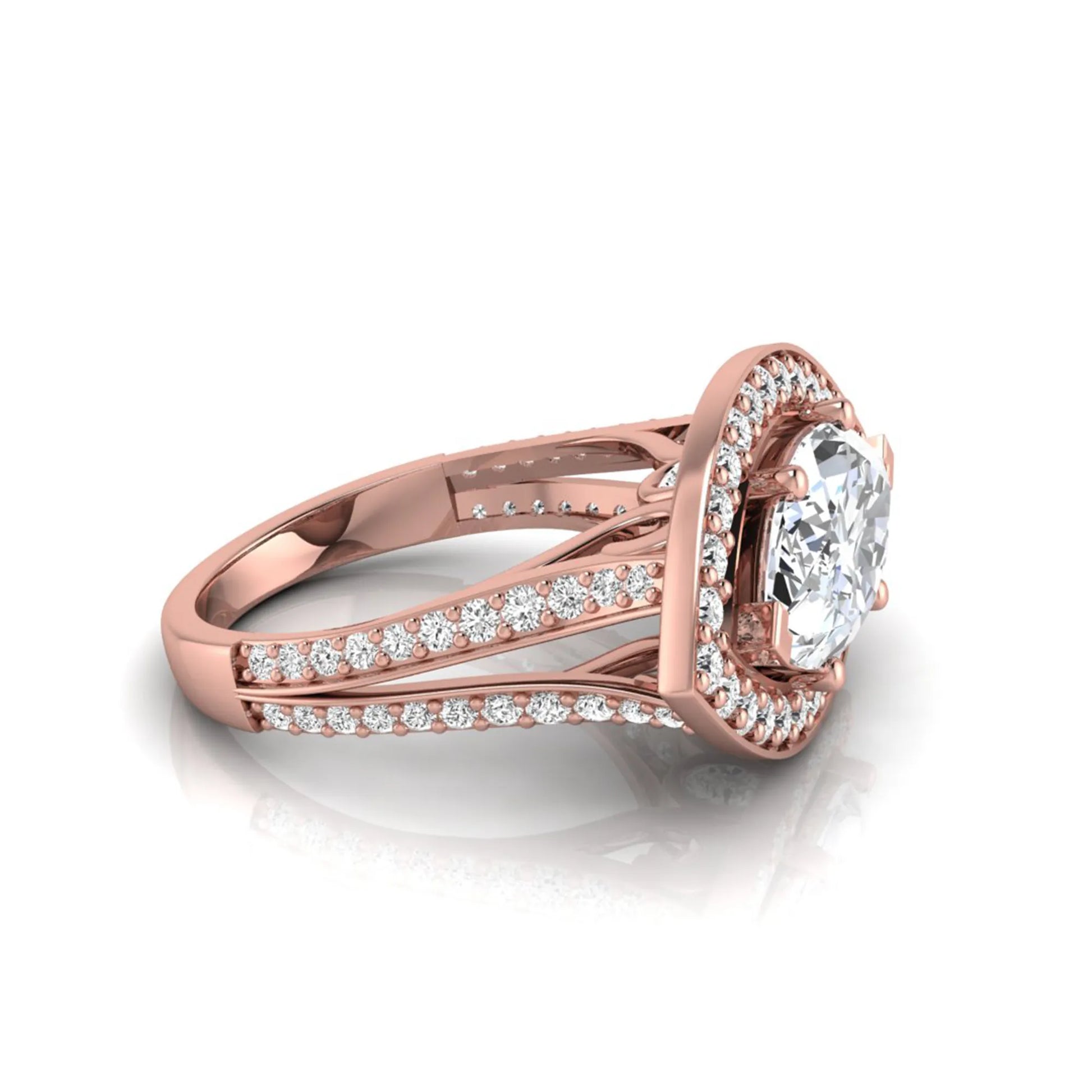 Rose-gold ring with a large diamond and smaller diamonds on a white background