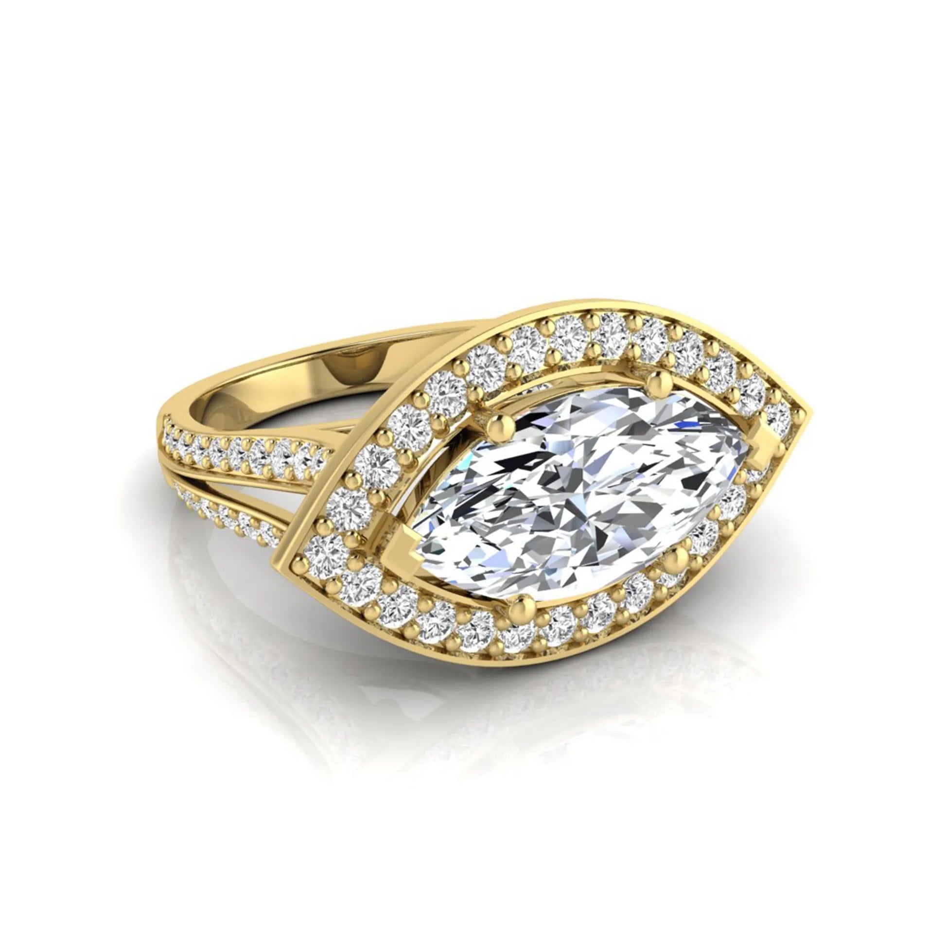 yellow-Gold ring with a large diamond and smaller diamonds on a white background