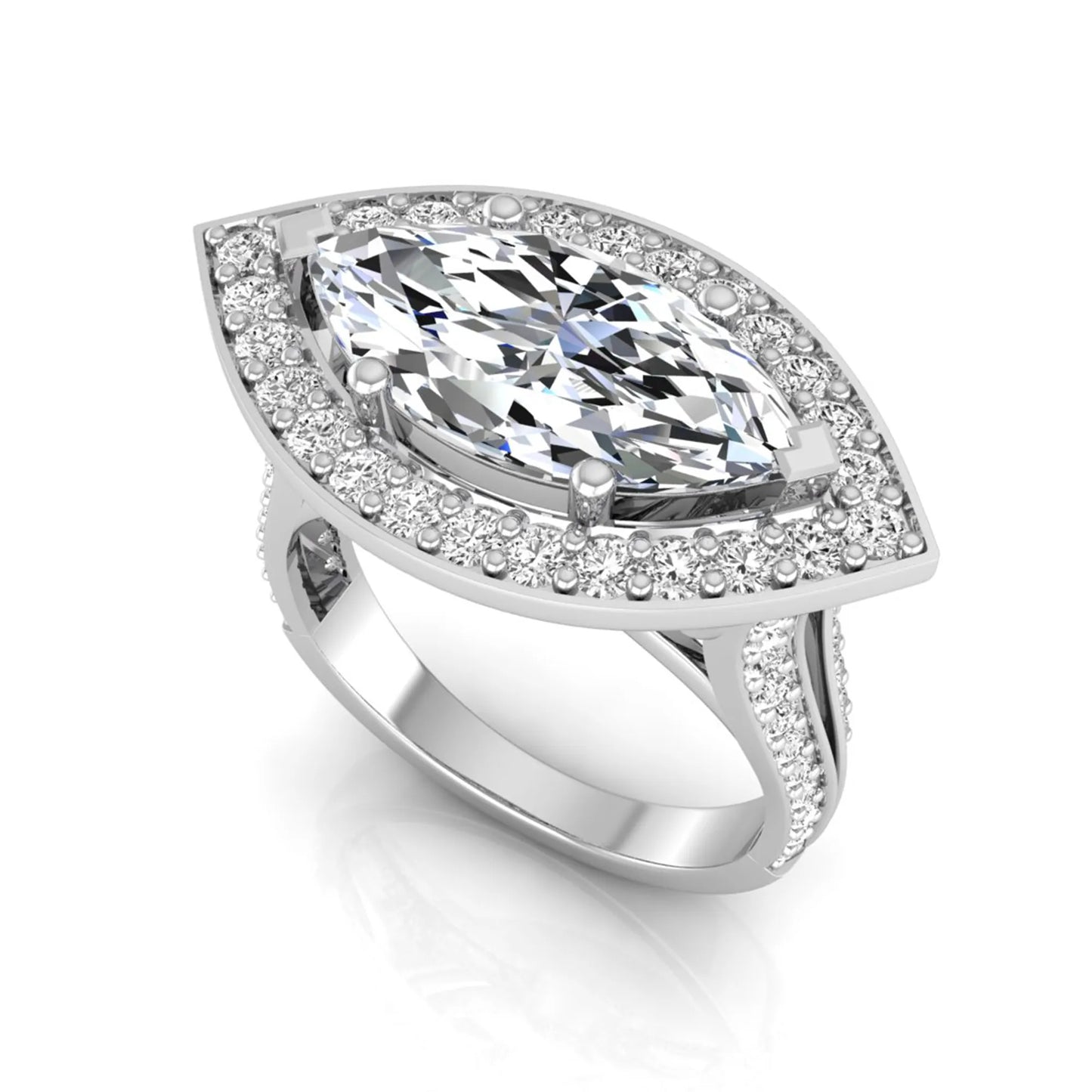white-gold ring with a large central gemstone and smaller stones on a white background