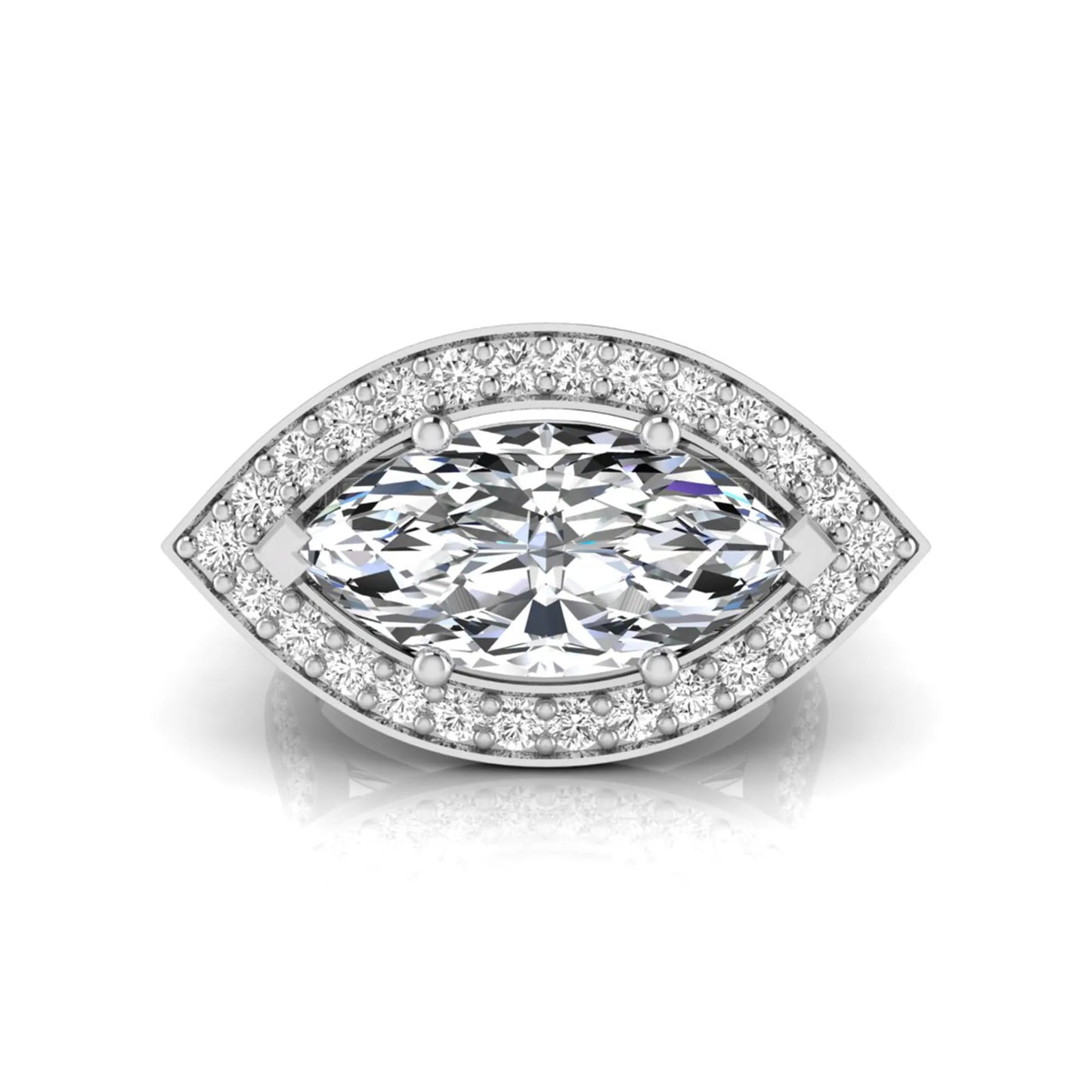 white-gold Diamond ring with a marquise-shaped center stone on a white background