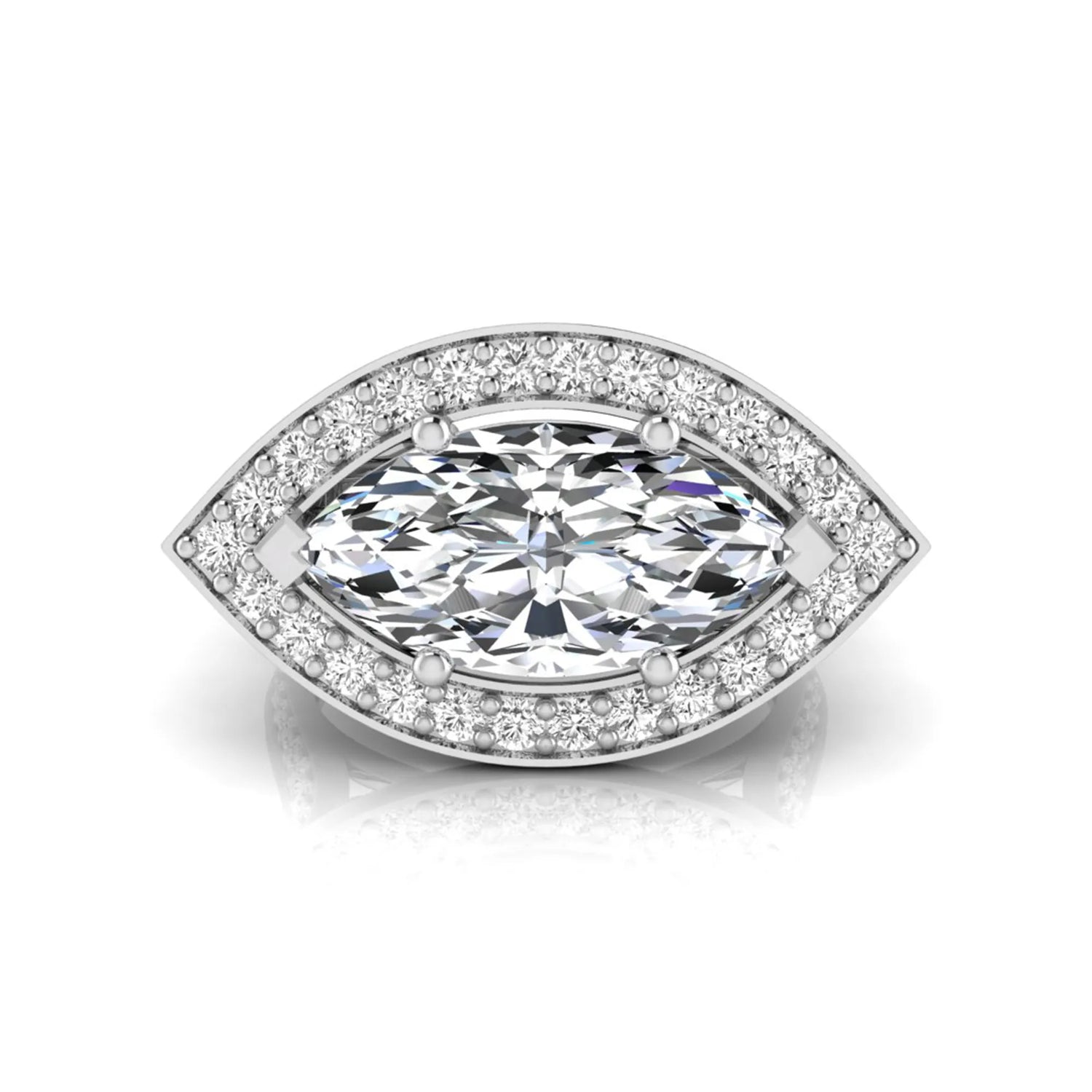 white-gold Diamond ring with a marquise-shaped center stone on a white background