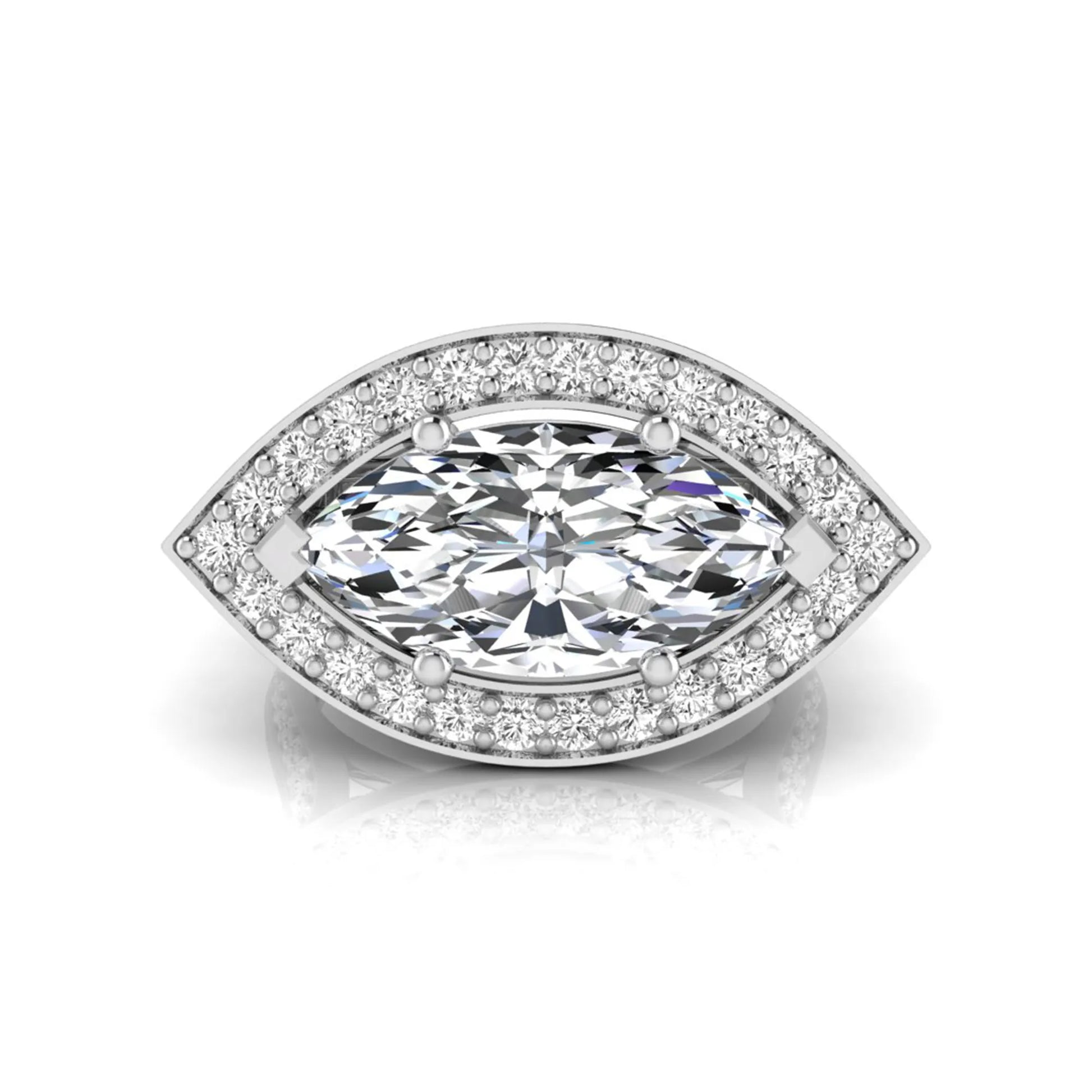 white-gold Diamond ring with a marquise-shaped center stone on a white background