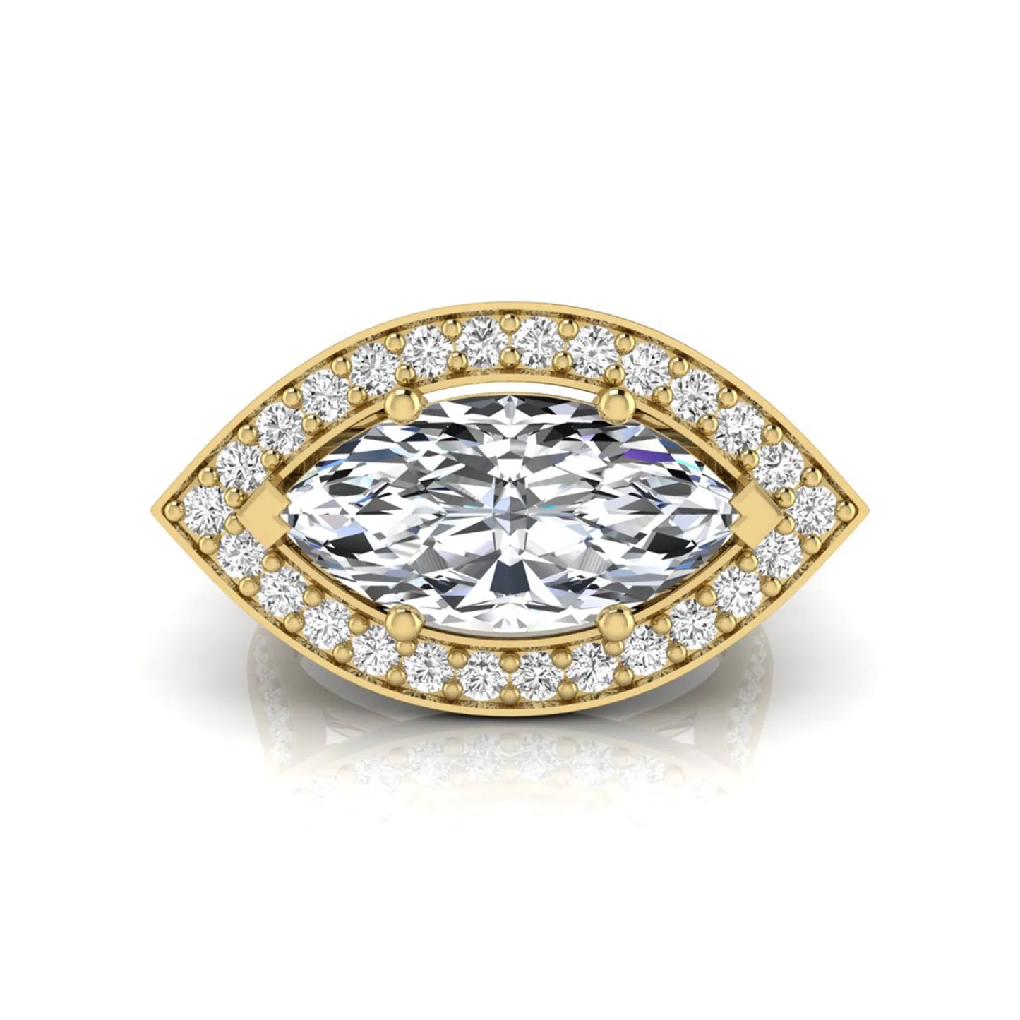 yellow-Gold ring with a large diamond and smaller diamonds around on a white background