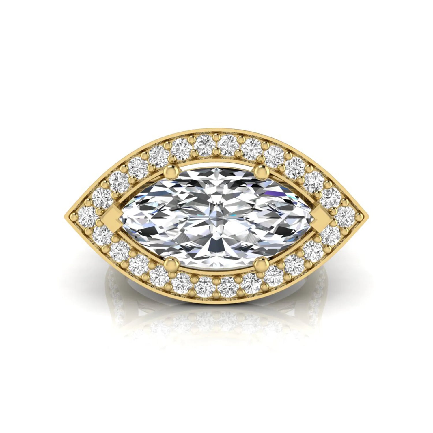 yellow-Gold ring with a large diamond and smaller diamonds around on a white background