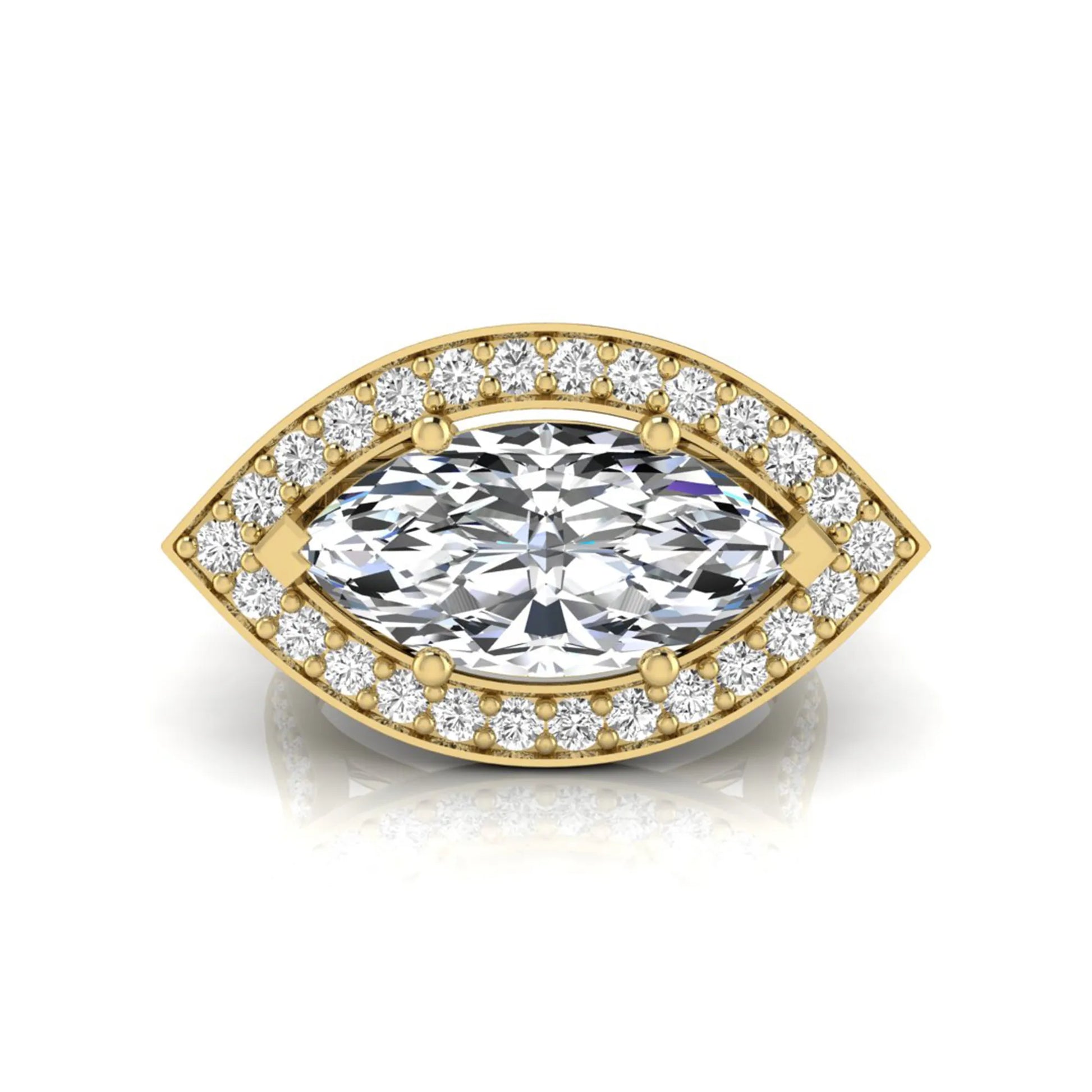 yellow-Gold ring with a large diamond and smaller diamonds around on a white background