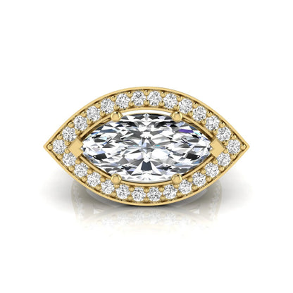 yellow-Gold ring with a large diamond and smaller diamonds around on a white background