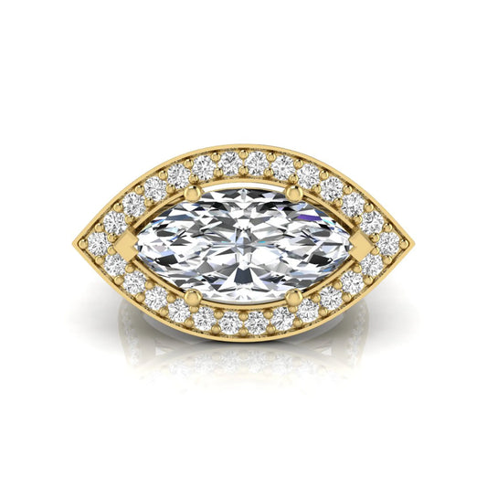 yellow-Gold ring with a large diamond and smaller diamonds around on a white background