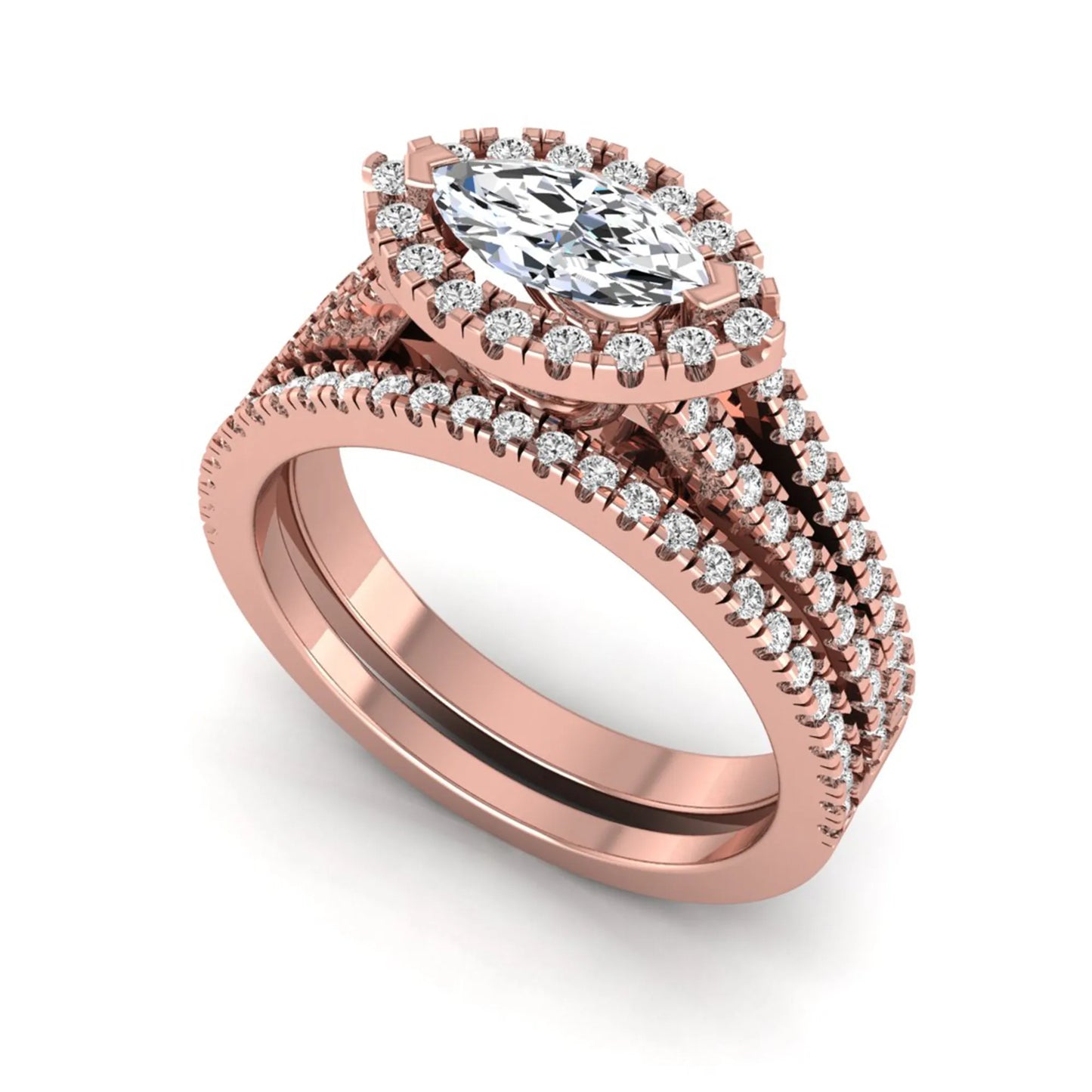 Marquise cut lab grown diamond halo engagement ring set with split shank design and matching pavé diamond wedding band in rose gold.