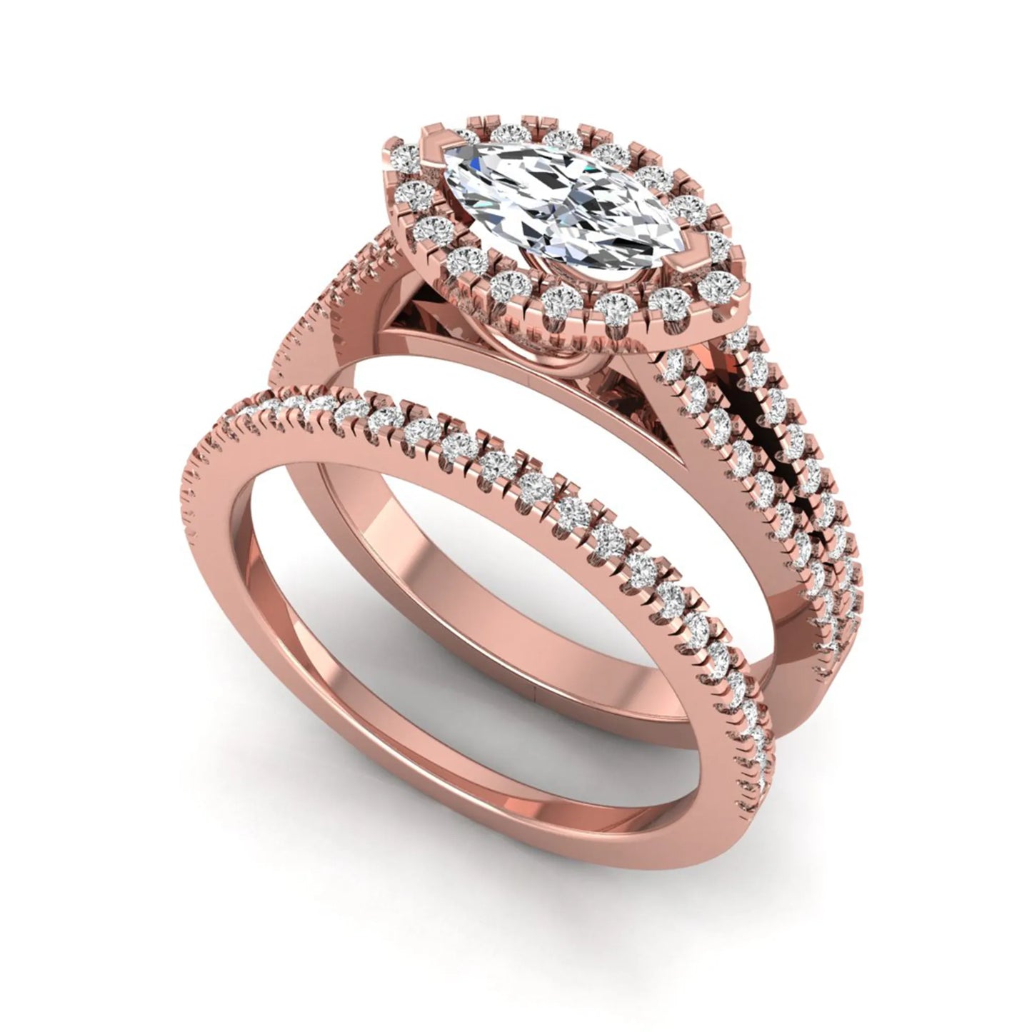 Marquise cut lab grown diamond halo engagement ring set with split shank design and matching pavé diamond wedding band in rose gold.