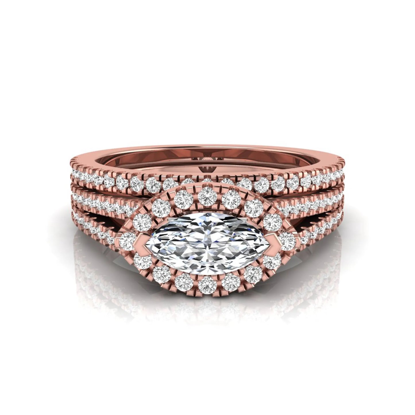 Marquise cut lab grown diamond halo engagement ring set with split shank design and matching pavé diamond wedding band in rose gold.
