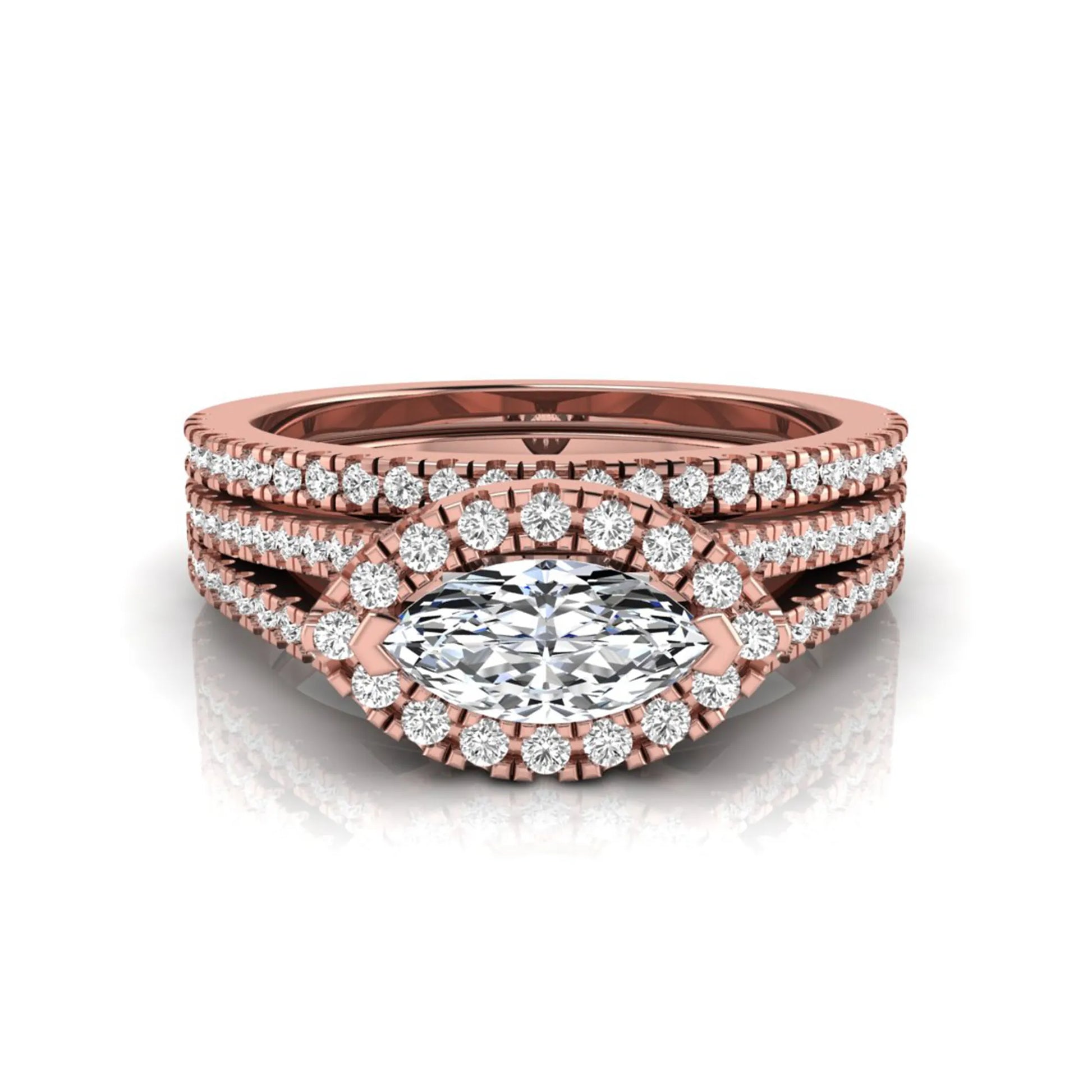 Marquise cut lab grown diamond halo engagement ring set with split shank design and matching pavé diamond wedding band in rose gold.