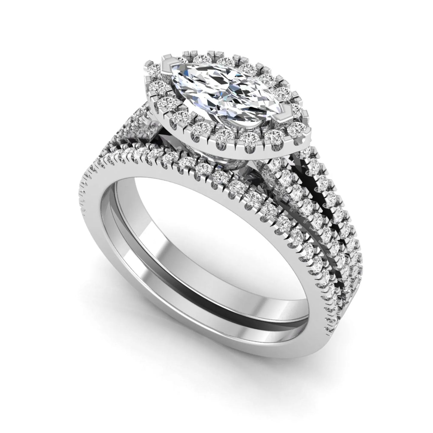 Marquise cut lab grown diamond halo engagement ring set with split shank design and matching pavé diamond wedding band in white gold.