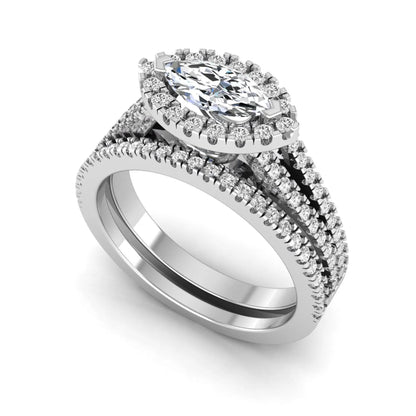 Marquise cut lab grown diamond halo engagement ring set with split shank design and matching pavé diamond wedding band in white gold.