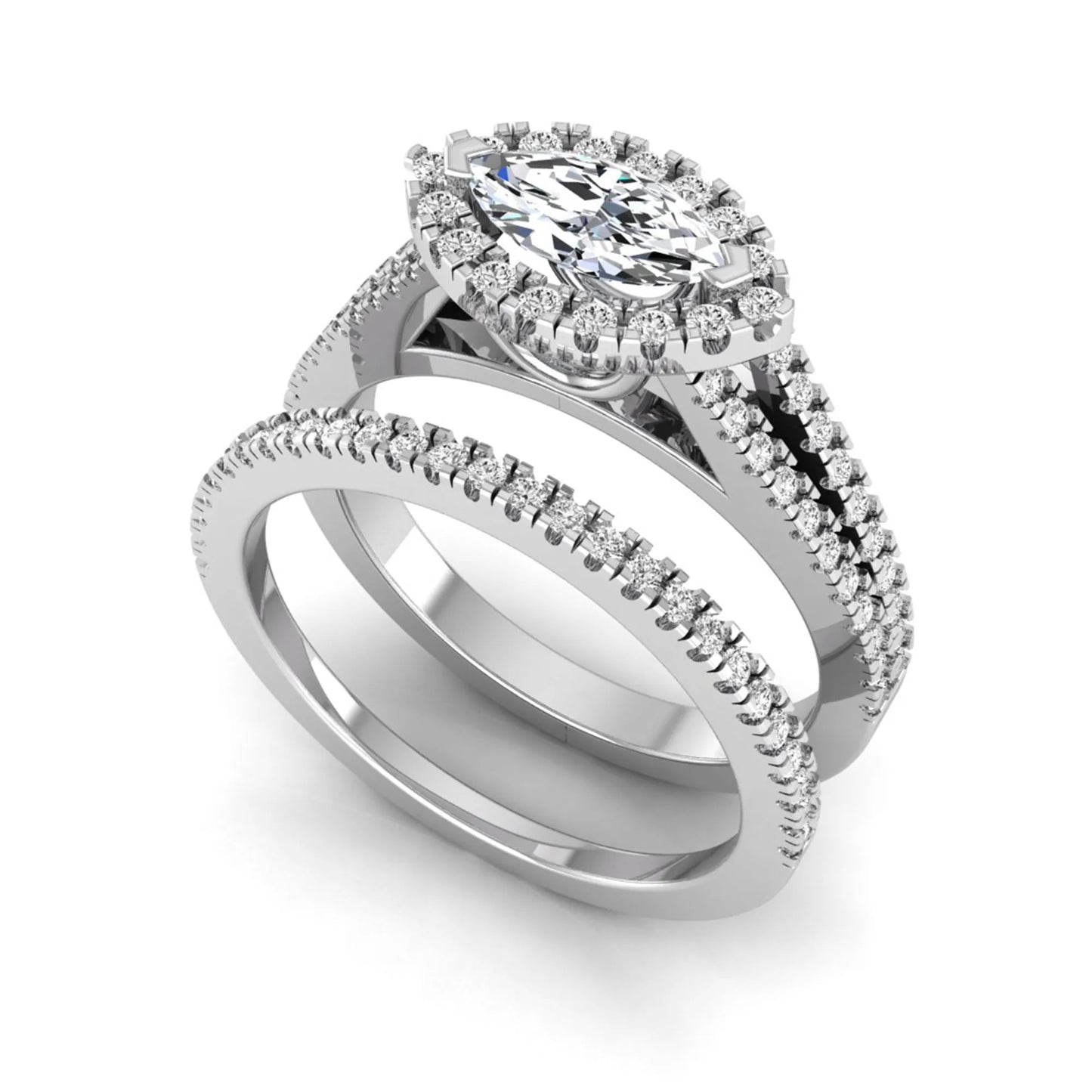 Marquise cut lab grown diamond halo engagement ring set with split shank design and matching pavé diamond wedding band in white gold.