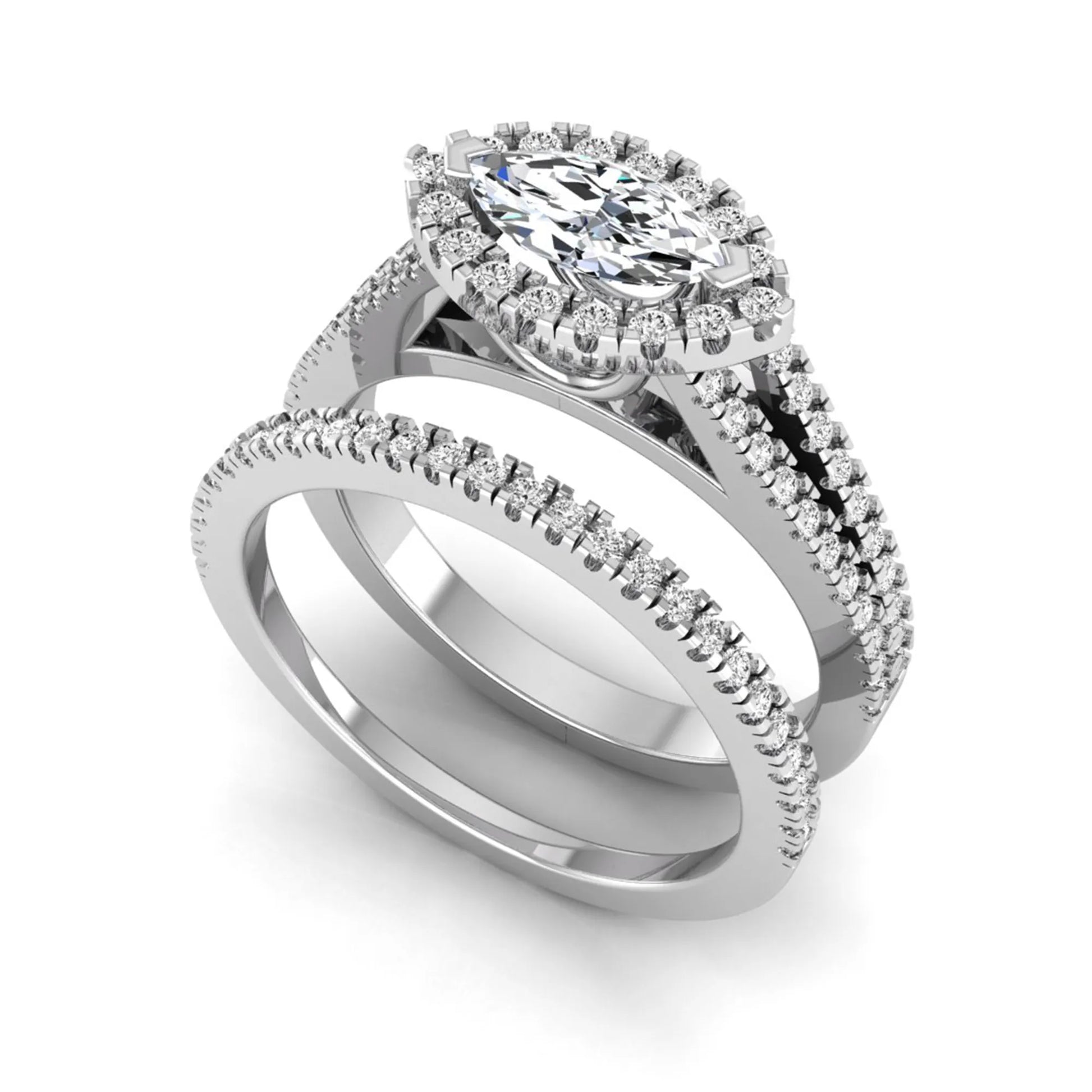 Marquise cut lab grown diamond halo engagement ring set with split shank design and matching pavé diamond wedding band in white gold.