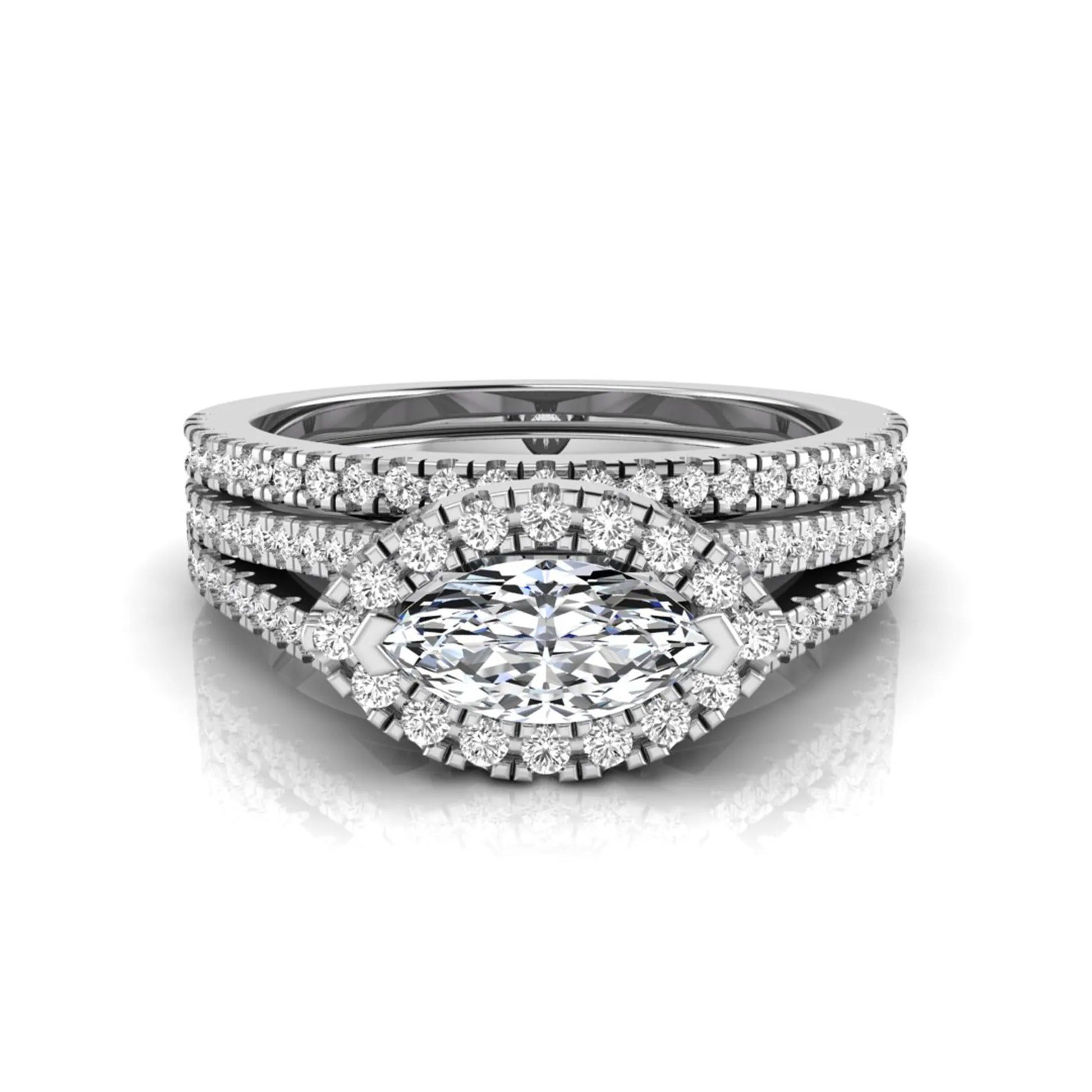 Marquise cut lab grown diamond halo engagement ring set with split shank design and matching pavé diamond wedding band in white gold.