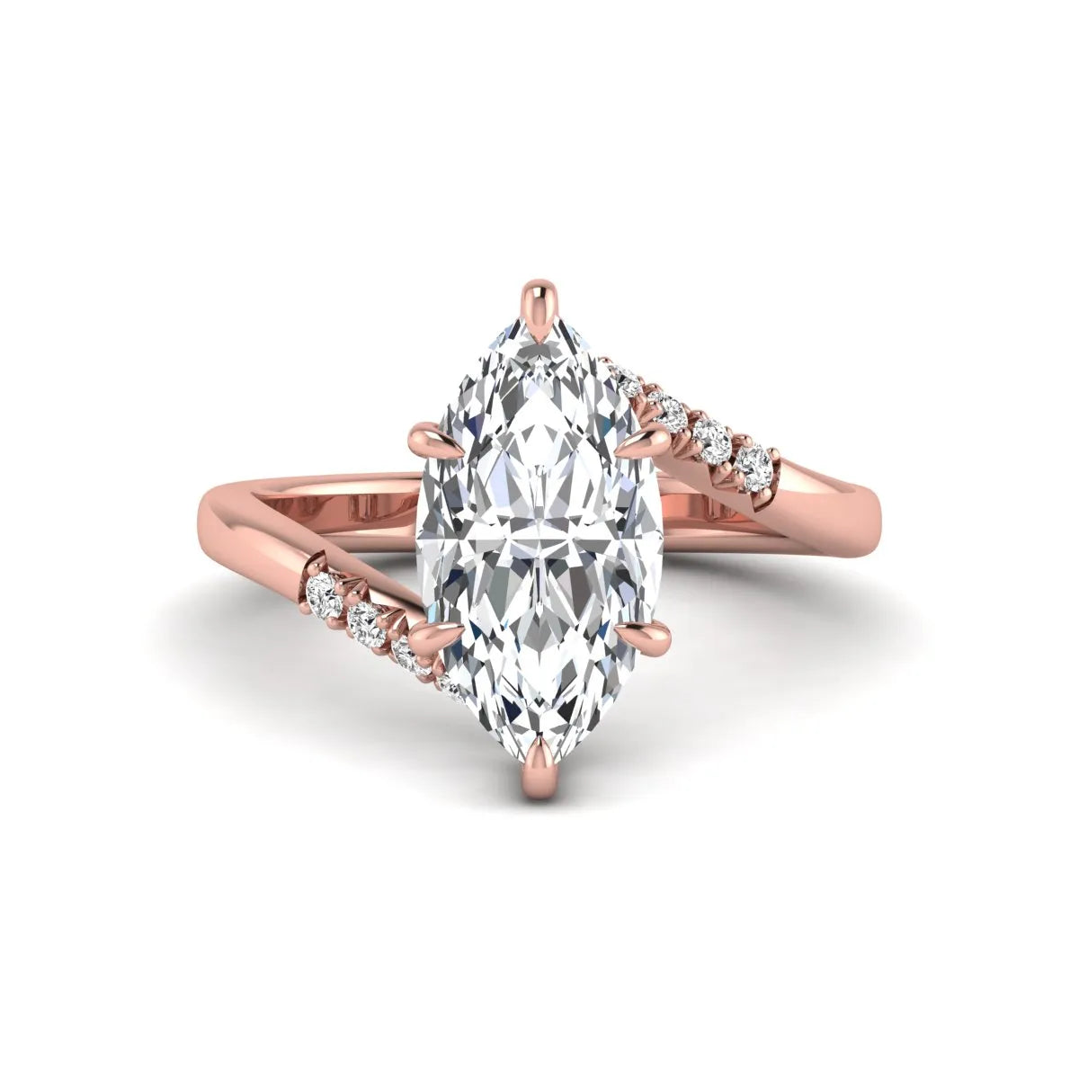 Marquise cut lab grown diamond engagement ring featuring a hidden halo, bypass shank, prong setting, and round accent diamonds in a rose gold tone design.