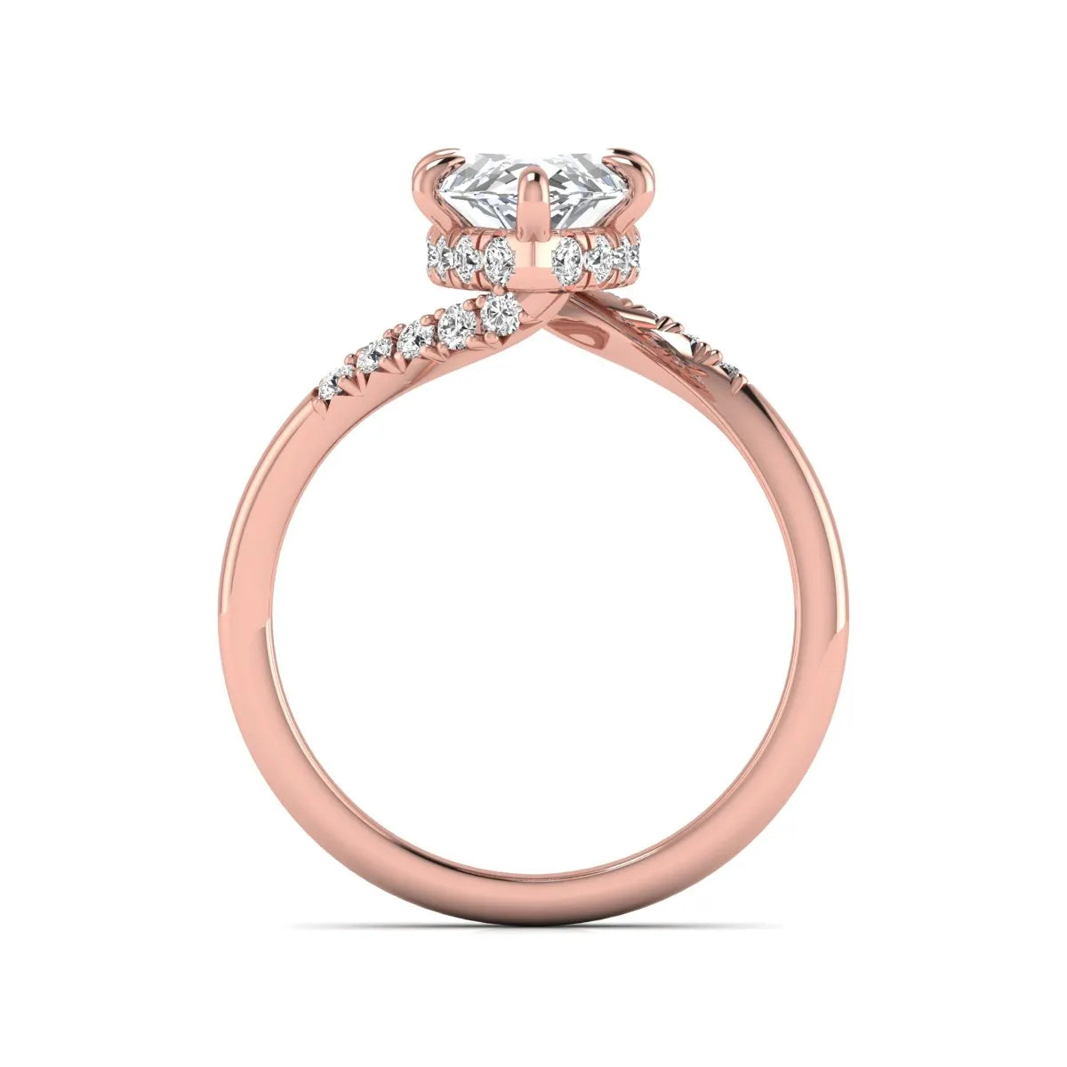 Marquise cut lab grown diamond engagement ring featuring a hidden halo, bypass shank, prong setting, and round accent diamonds in a rose gold tone design.