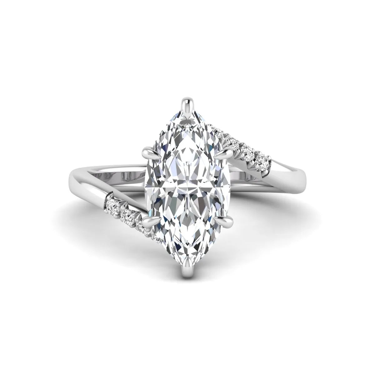 Marquise cut lab grown diamond engagement ring featuring a hidden halo, bypass shank, prong setting, and round accent diamonds in a white gold tone design.